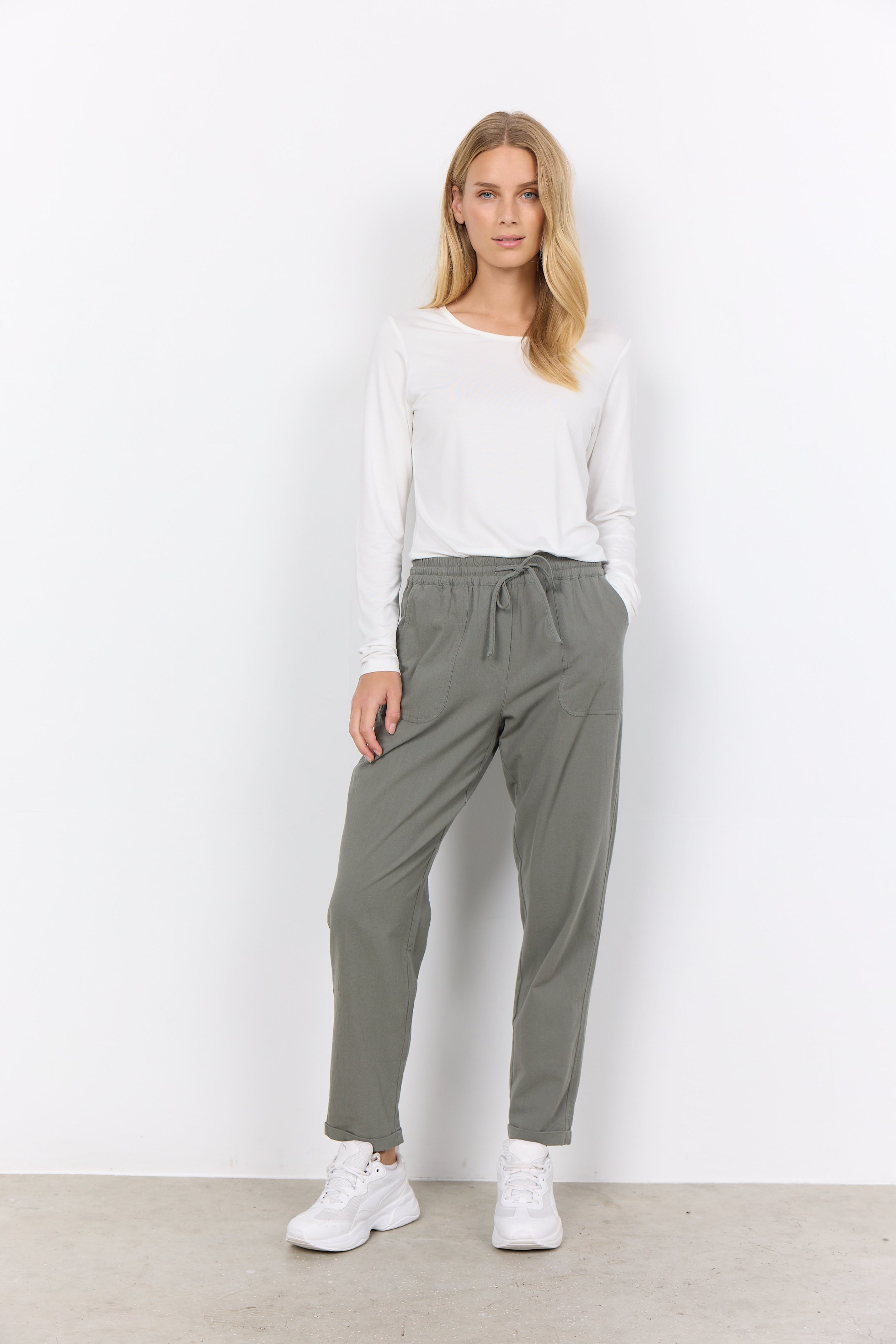 Front view Soya Concept (17195) Women's Ankle Length, Pull On Textured Cotton Pants in Misty Green