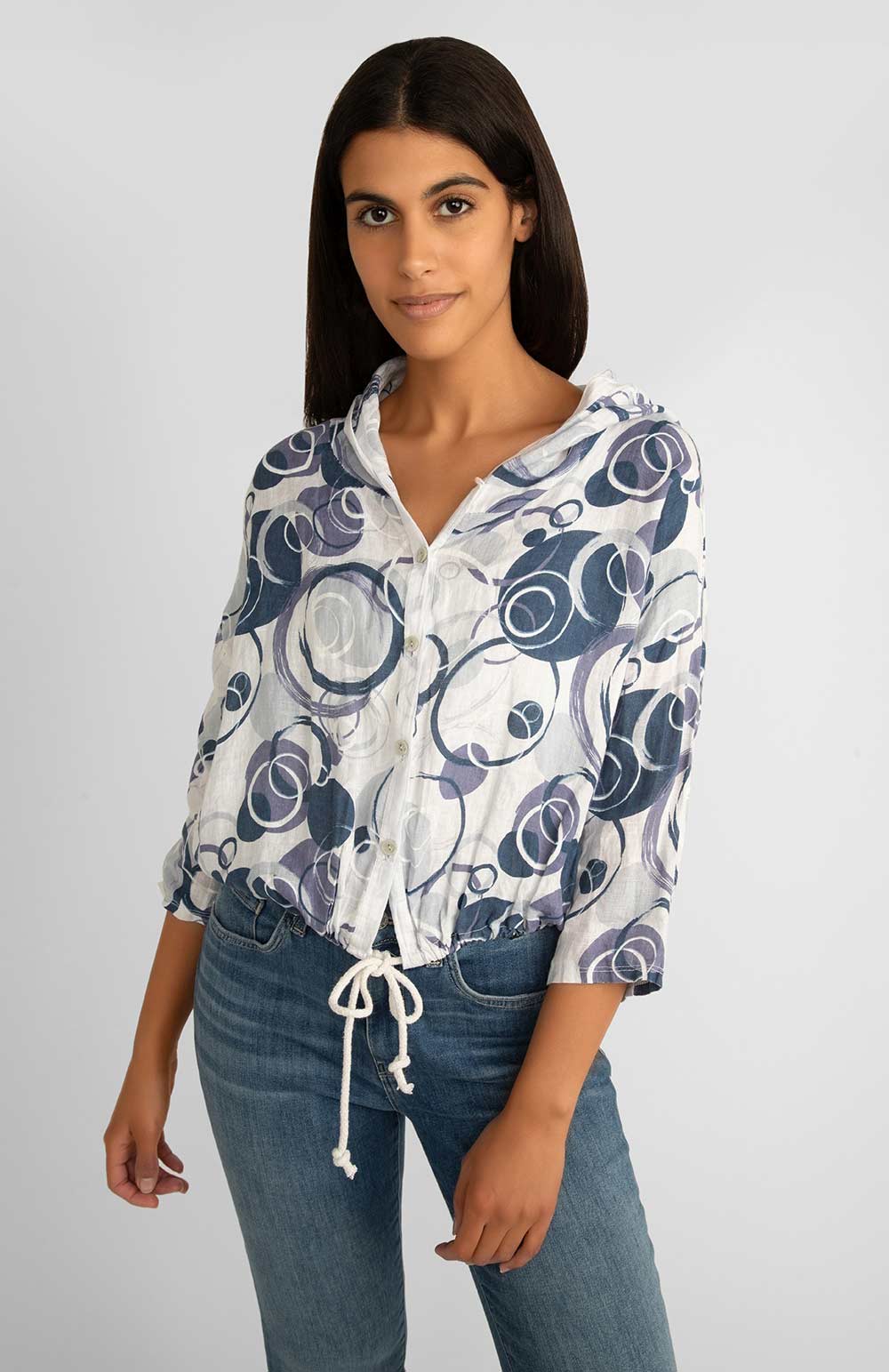 Me & Gee (19-02588) Women's 3/4 Sleeve Cropped Circle Print Linen Jacket with Hood for Summer in White with Blue Graphic Circle Print