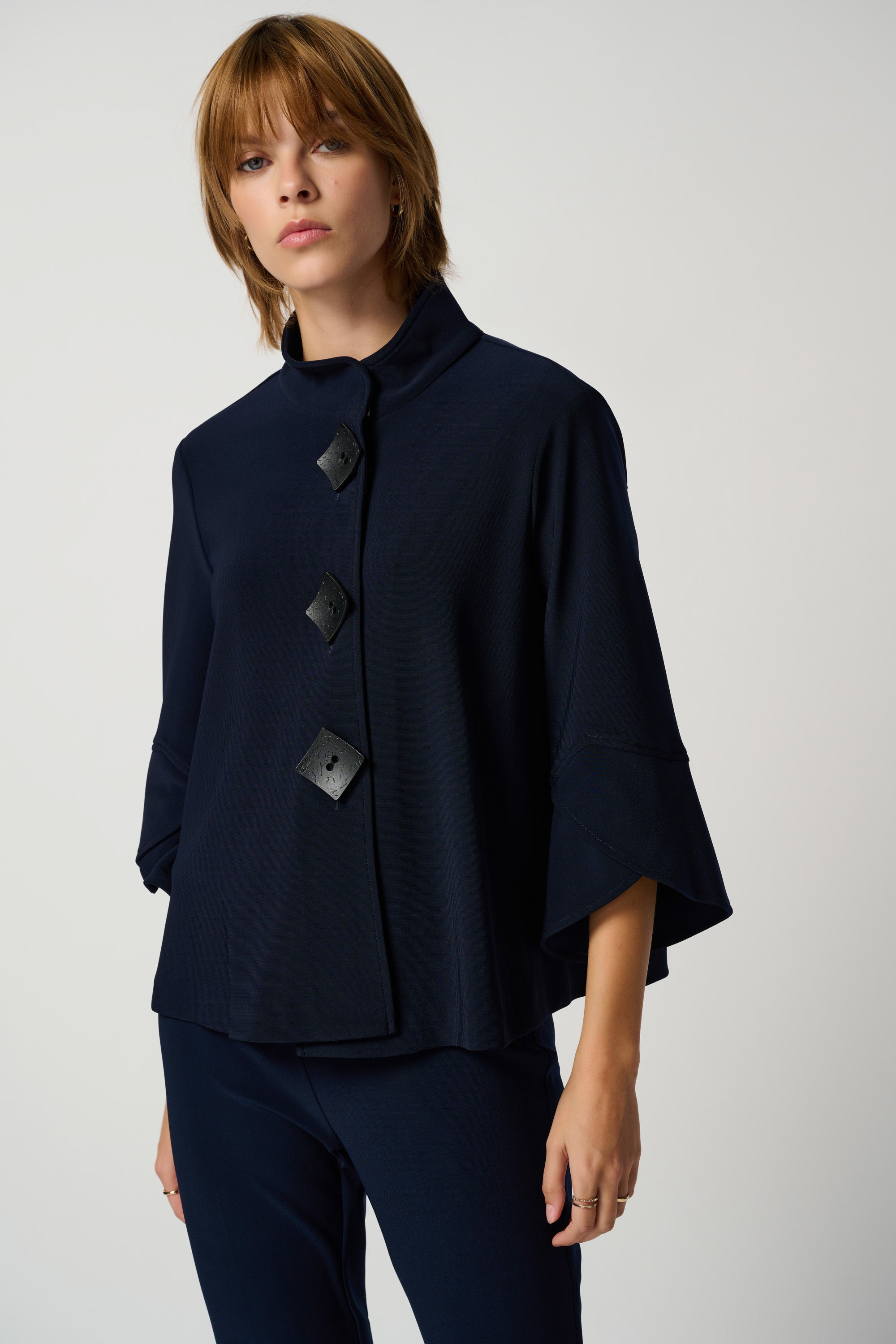 Joseph Ribkoff (193198NOS) Women's 3/4 Sleeve Classic Trapeze Jacket with Stand Collar & Statement Button in Midnight Navy Blue