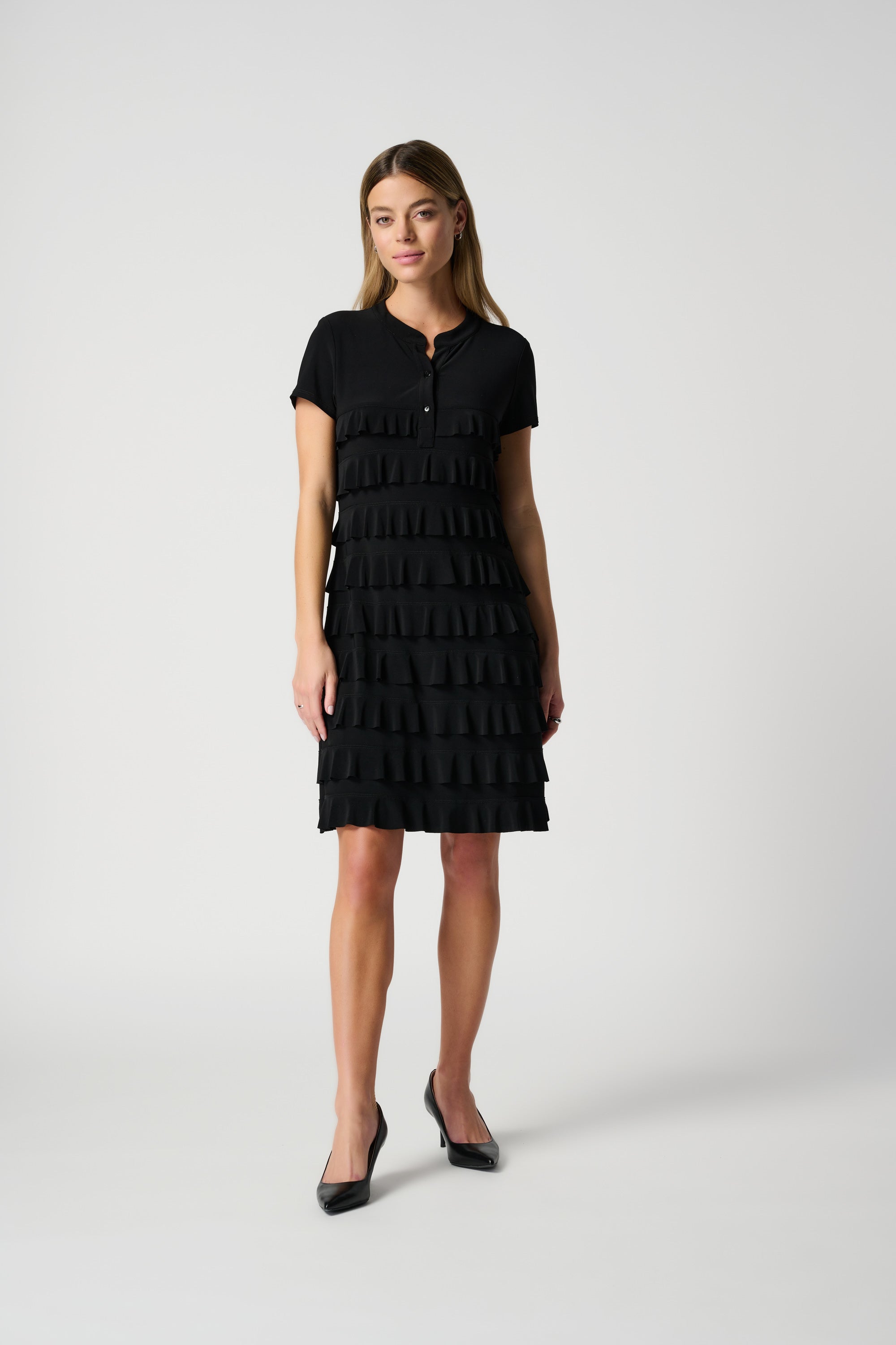 Joseph Ribkoff (211350NOS) Women's Short Sleeve Knee Length Dress With Stand Collar and Ruffle Detailing in Black