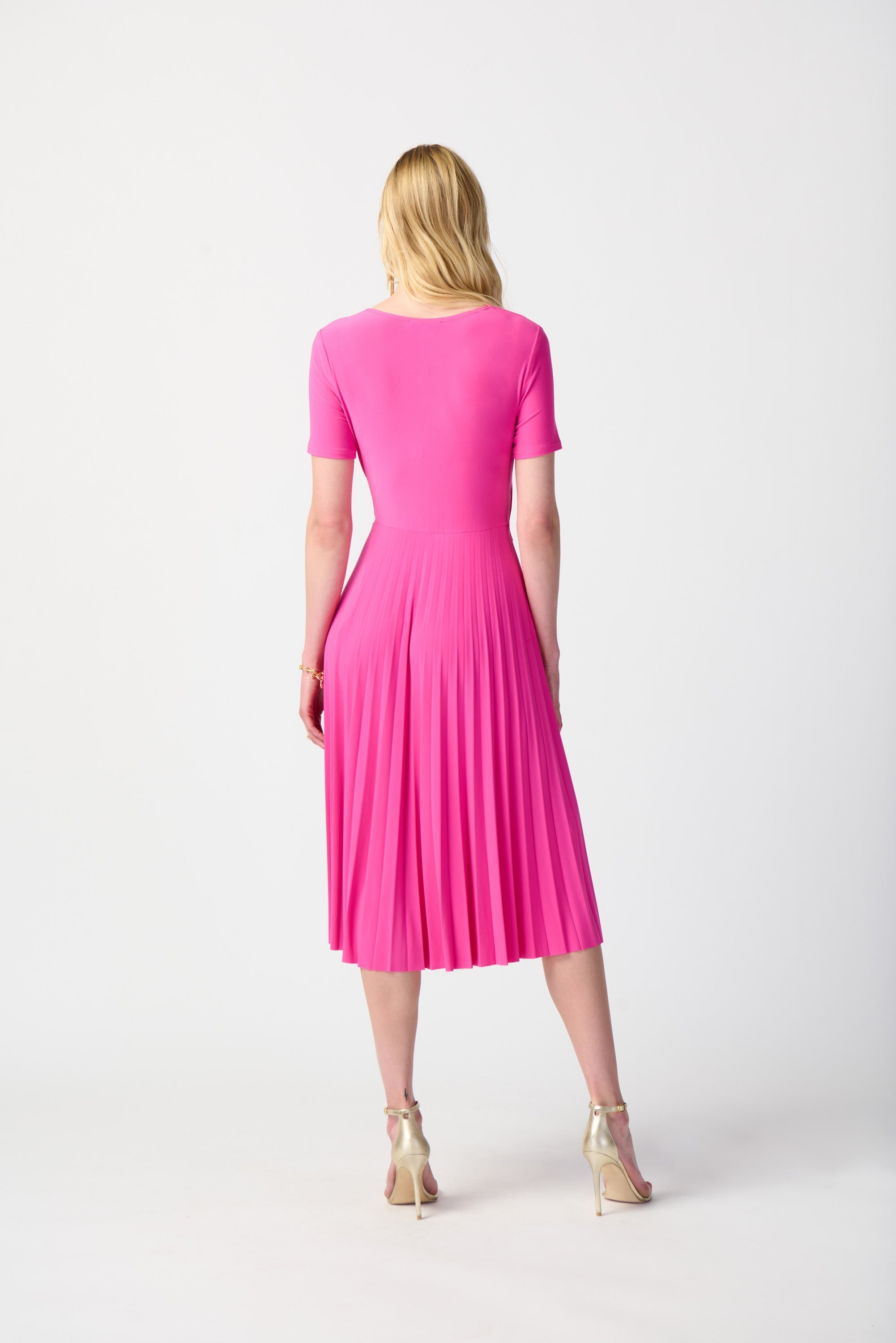 Joseph Ribkoff (241013) Women's Short Sleeve Silky Knit V-Neck Pleated Midi Dress in Ultra Pink