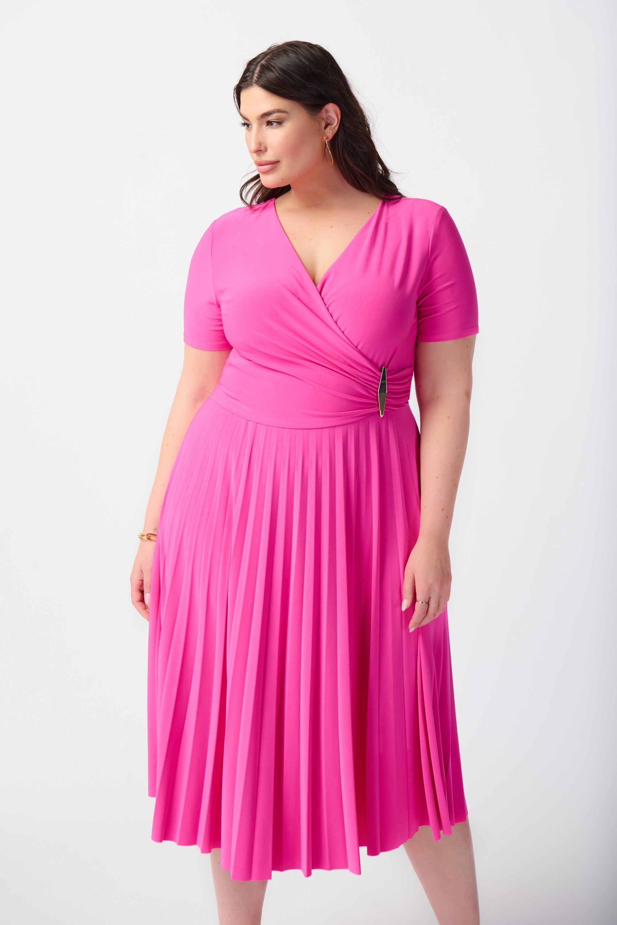 Joseph Ribkoff (241013) Women's Short Sleeve Silky Knit V-Neck Pleated Midi Dress in Ultra Pink