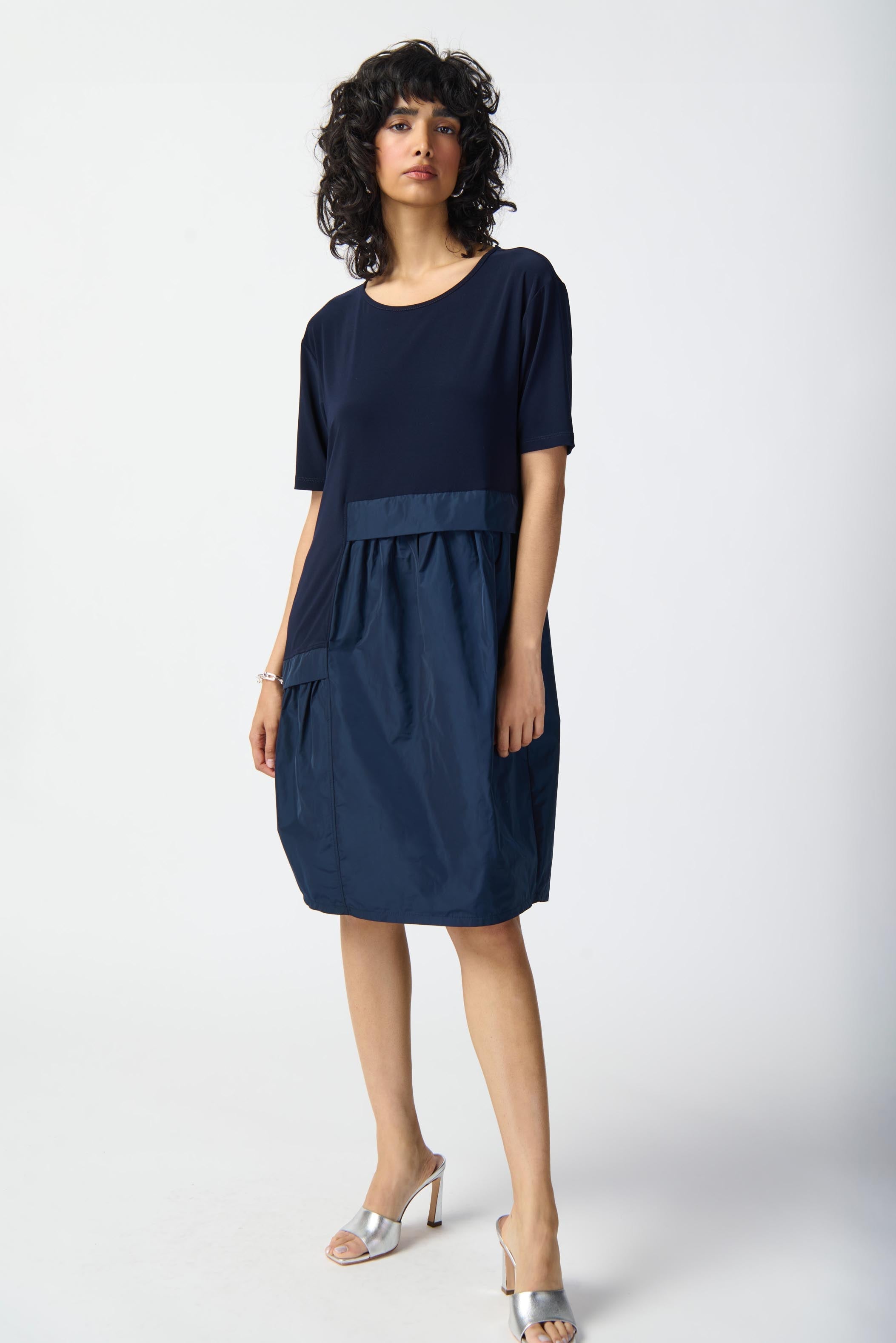 Front view of Joseph Ribkoff (241049) Women's Short Sleeve Mixed Media Cocoon Dress - Knee Length in Midnight Navy Blue