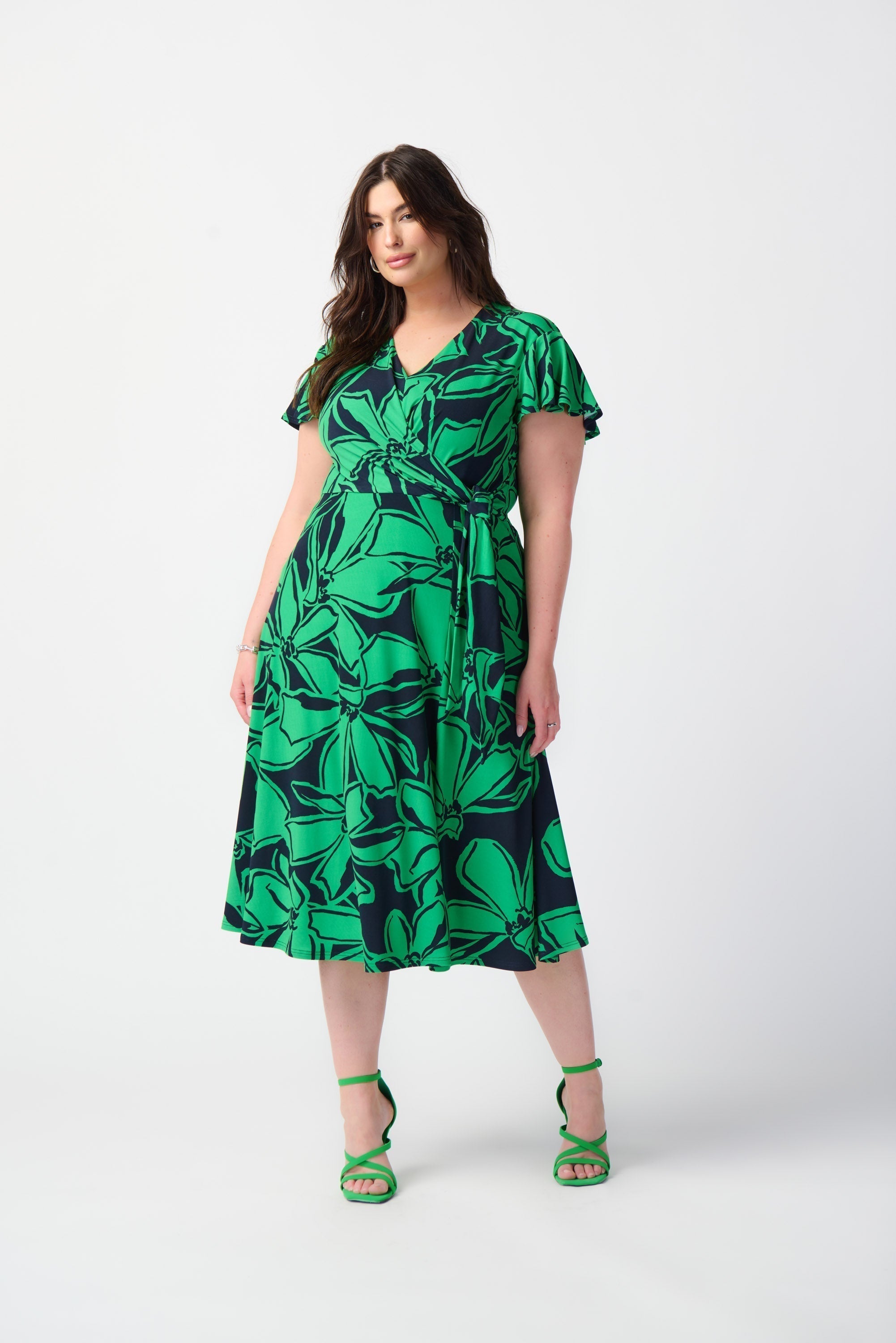 Frotn view of Joseph Ribkoff (241052) Women's Short Sleeve Green Floral Midi Wrap Dress with Side Tie