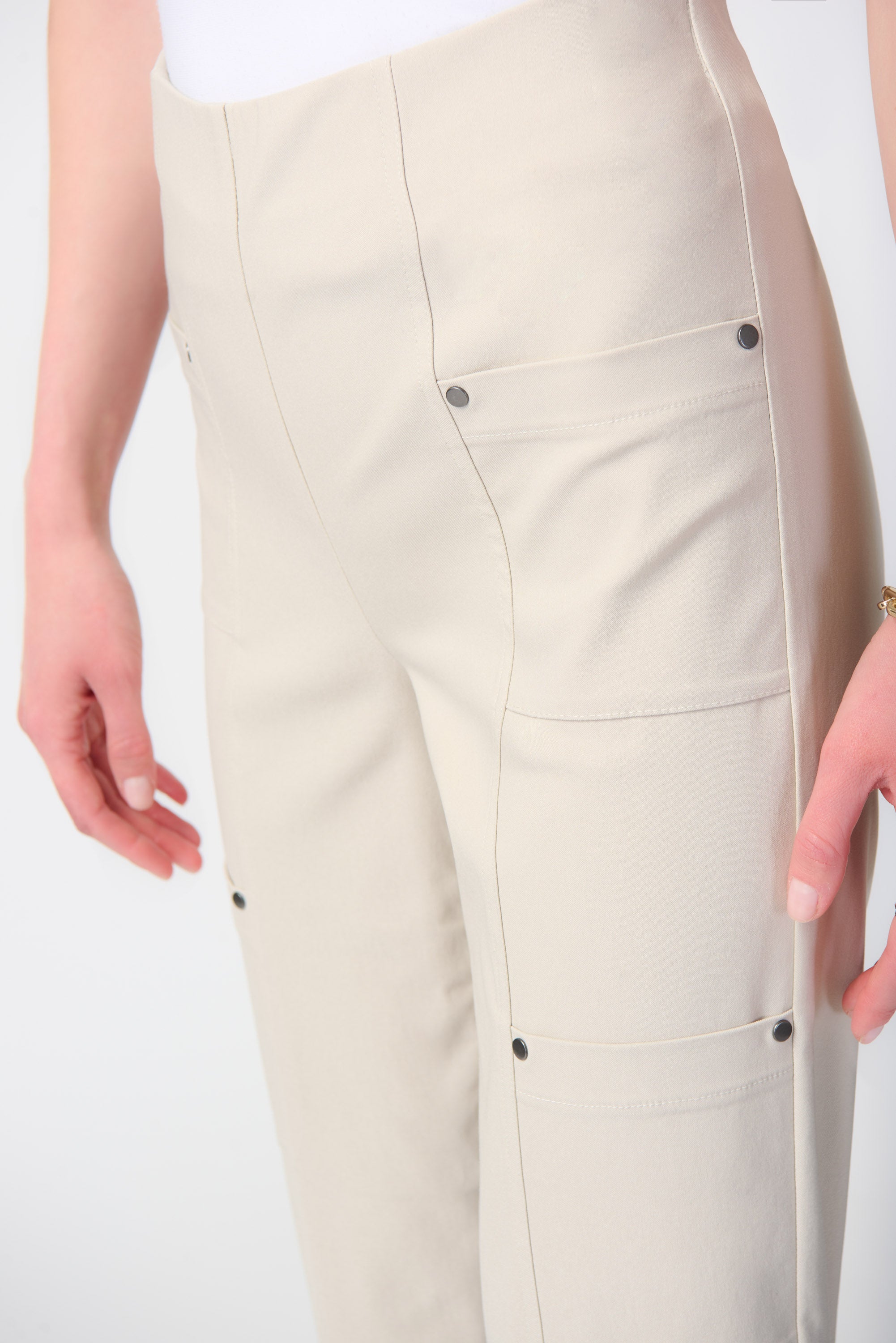 Close up of rivetted pockets on Joseph Ribkoff (241163) Women's Millennium Cropped Pull On Pants With Patch Pockets in Moonstone Beige