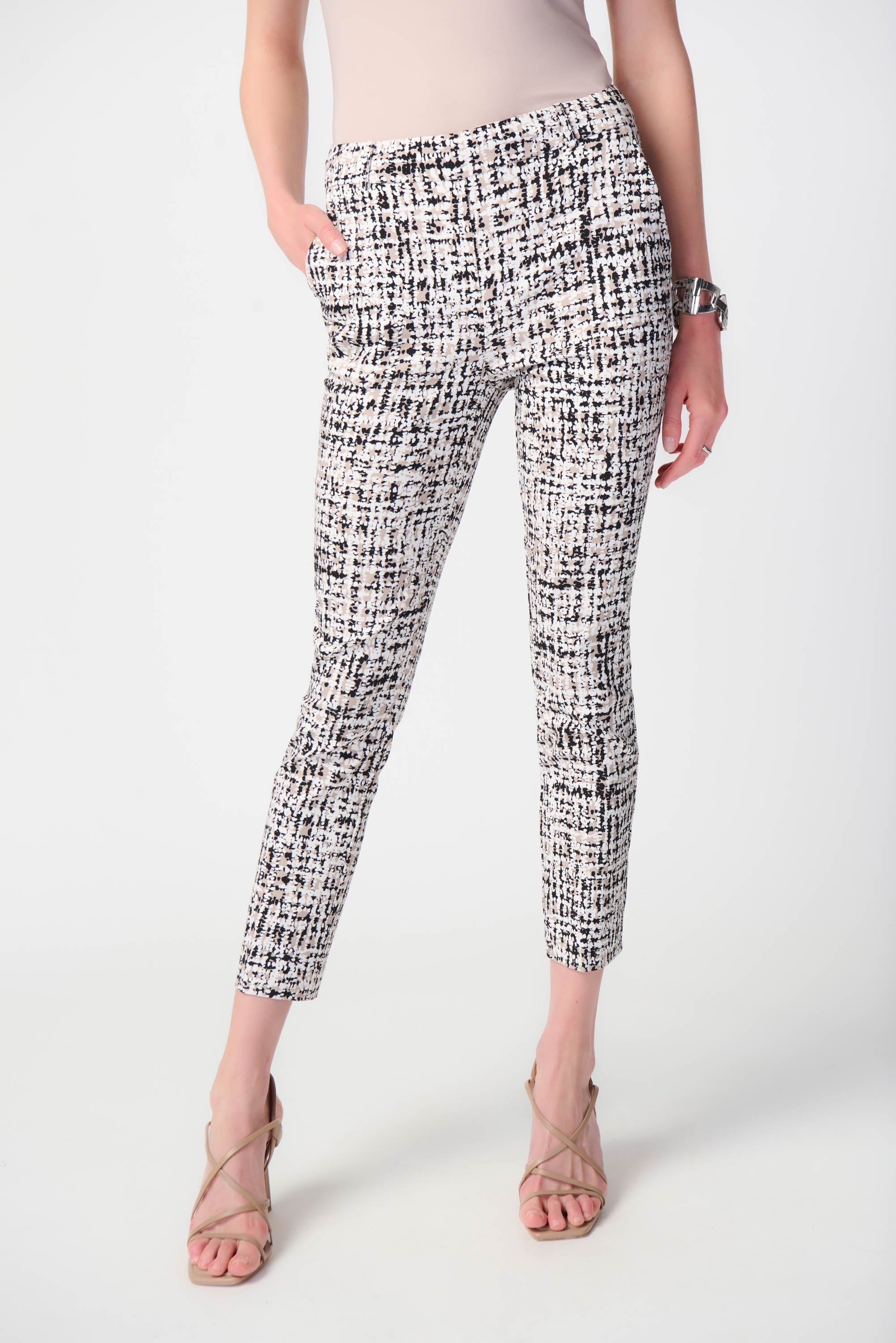 Front view of Joseph Ribkoff (241189) Women's Slim Fit, Cropped, Abstract Millennium Pull-On Pants in  Vanilla/Multi