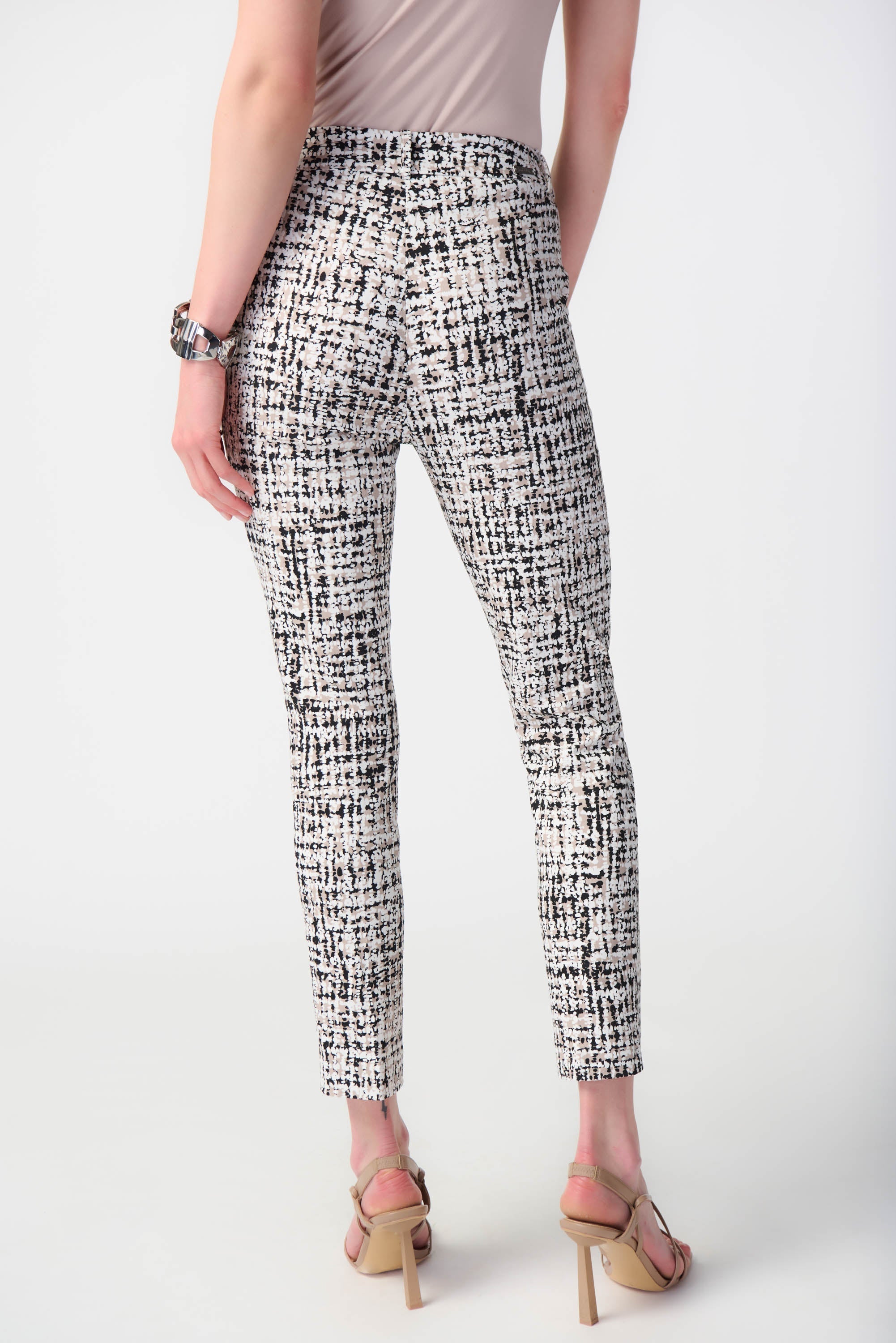 Back view of Joseph Ribkoff (241189) Women's Slim Fit, Cropped, Abstract Millennium Pull-On Pants in  Vanilla/Multi