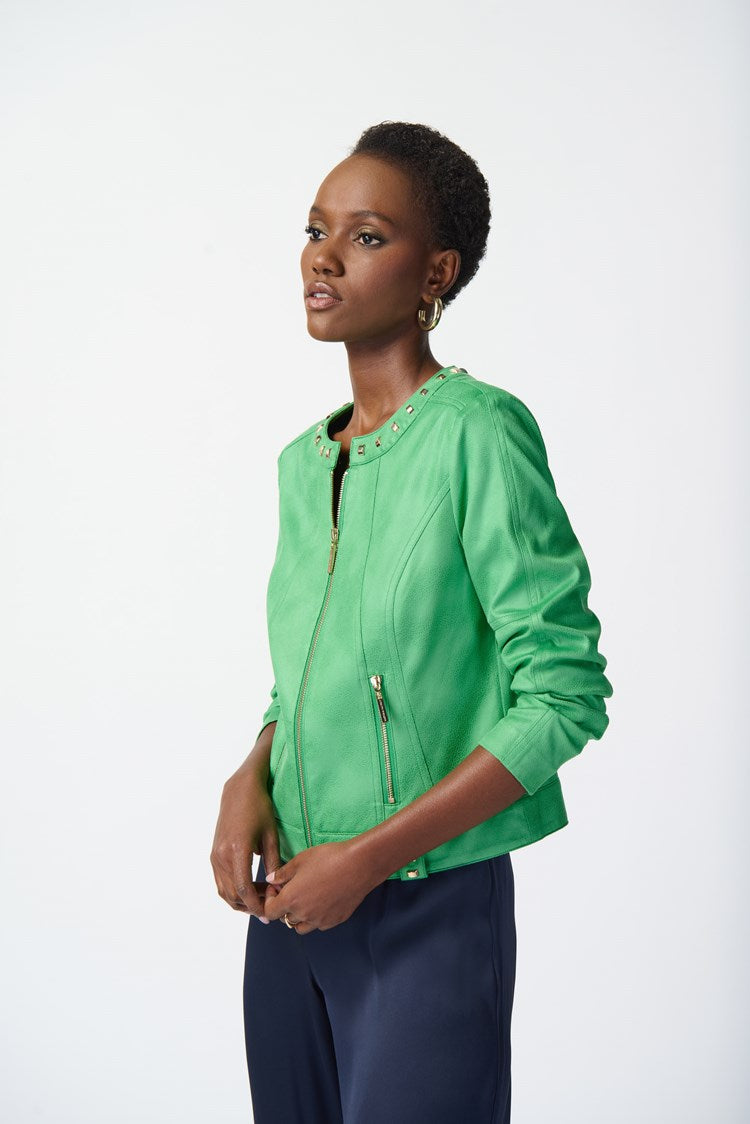 Front view of Joseph Ribkoff (241909) Women's Long Sleeve Foiled Suede Moto Jacket in Island Green