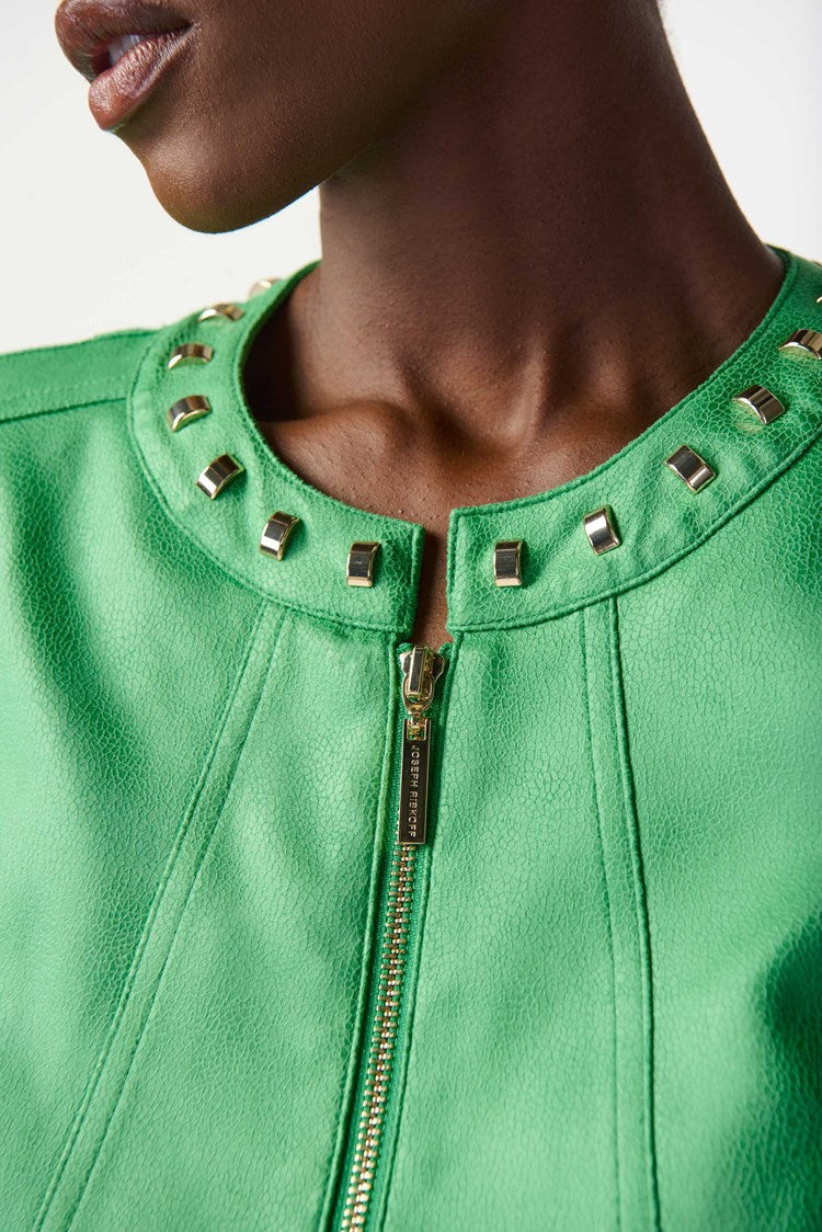 Close up of studded neckline on Joseph Ribkoff (241909) Women's Long Sleeve Foiled Suede Moto Jacket in Island Green