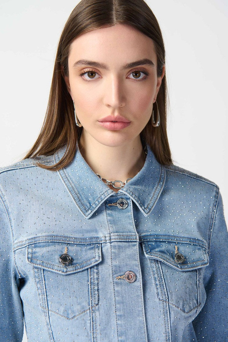 Front close up of Joseph Ribkoff (241914) Women's Long Sleeve Fitted Jean Jacket with Allover Rhinestones in Light Blue Denim