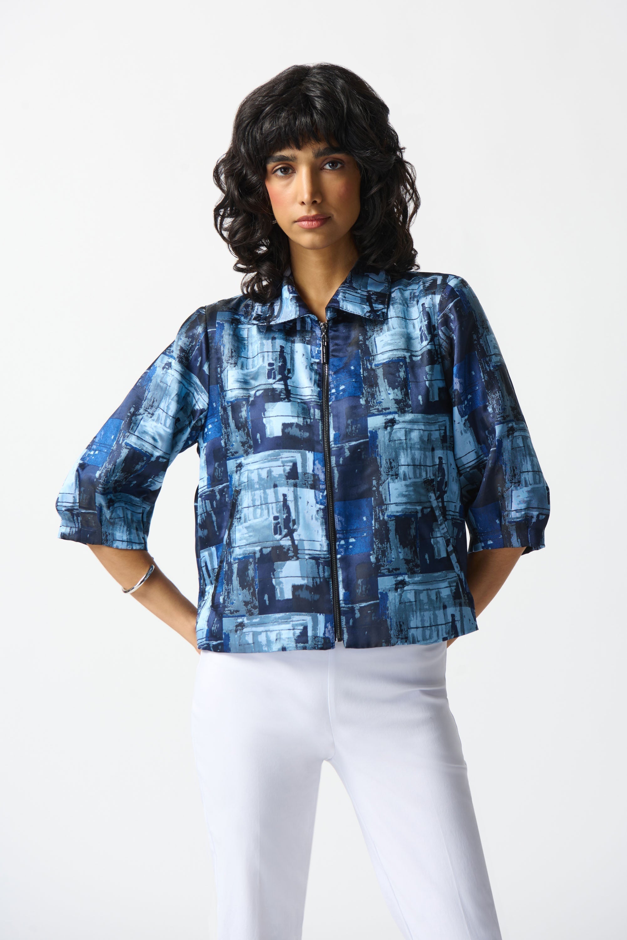 Joseph Ribkoff (242105) Women's 3/4 Sleeve Zipp up Woven Jacquard Abstract Boxy Jacket with Shirt Collar and Welt Pockets in a monochromatic blue abstract print