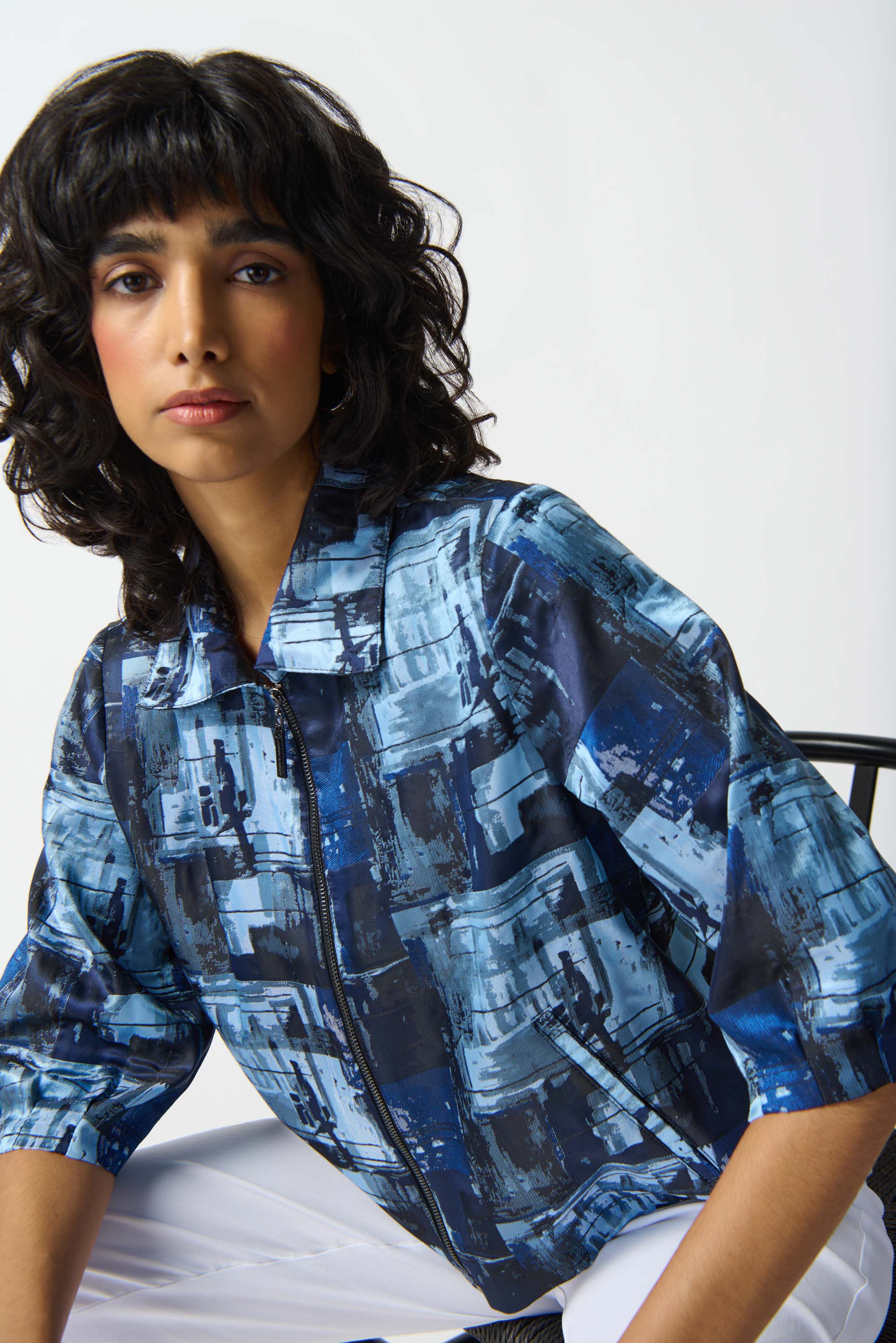 Joseph Ribkoff (242105) Women's 3/4 Sleeve Zipp up Woven Jacquard Abstract Boxy Jacket with Shirt Collar and Welt Pockets in a monochromatic blue abstract print