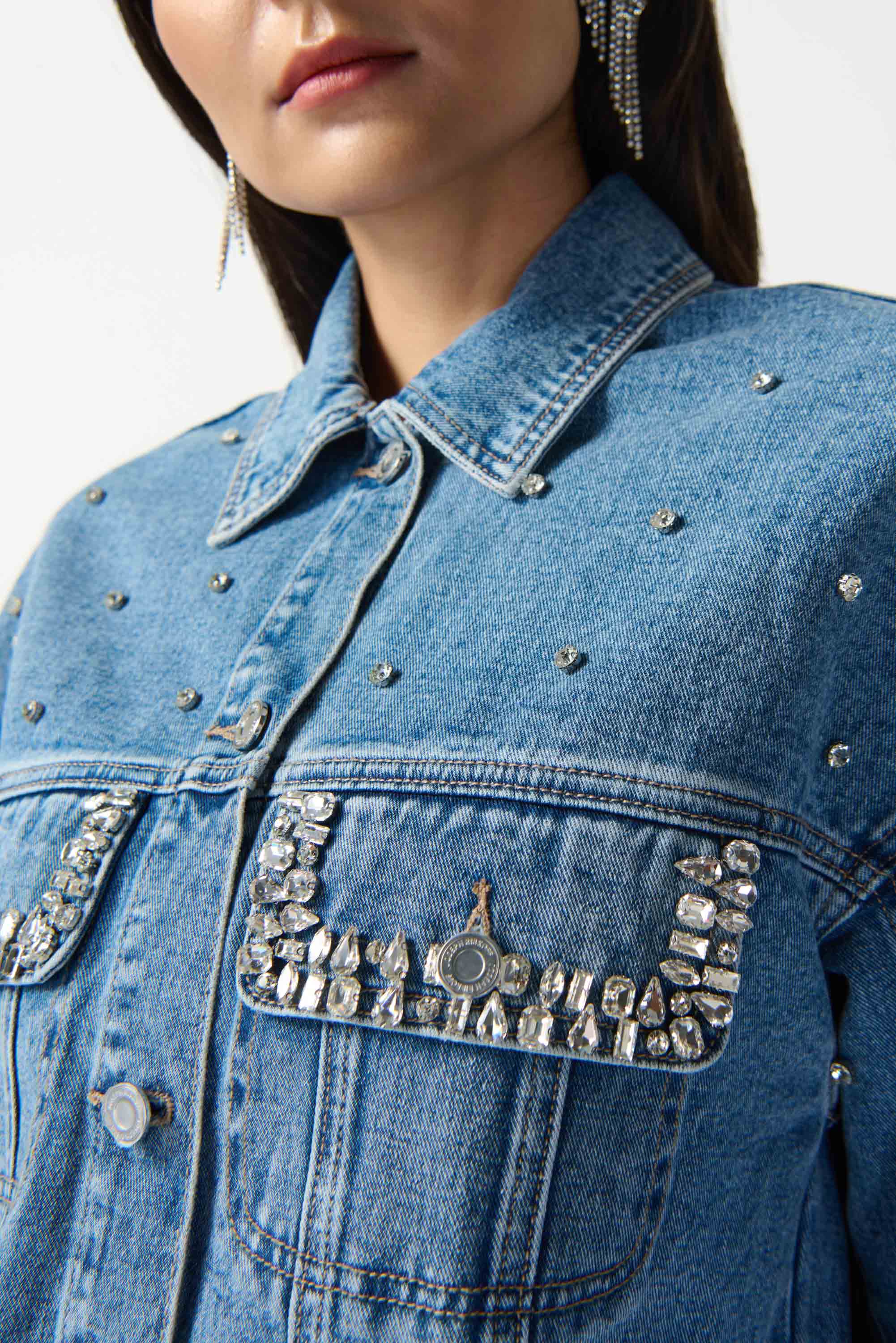 Joseph Ribkoff (242917) women's Long Sleeve Button up Rhinestone Embellished Denim Boxy Jacket in Medium Wash