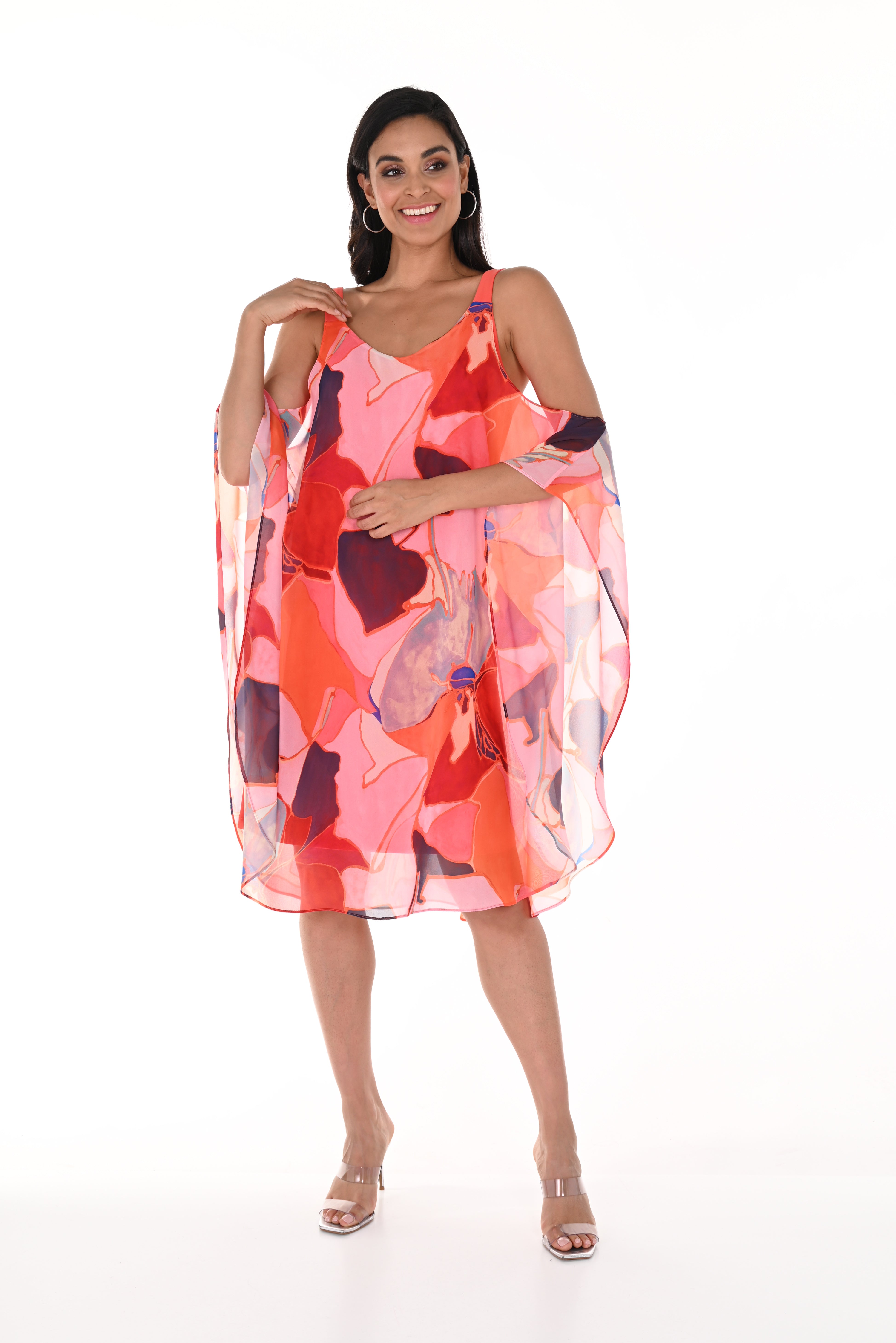 Sleeveless Printed Chiffon Overlay Woven Dress