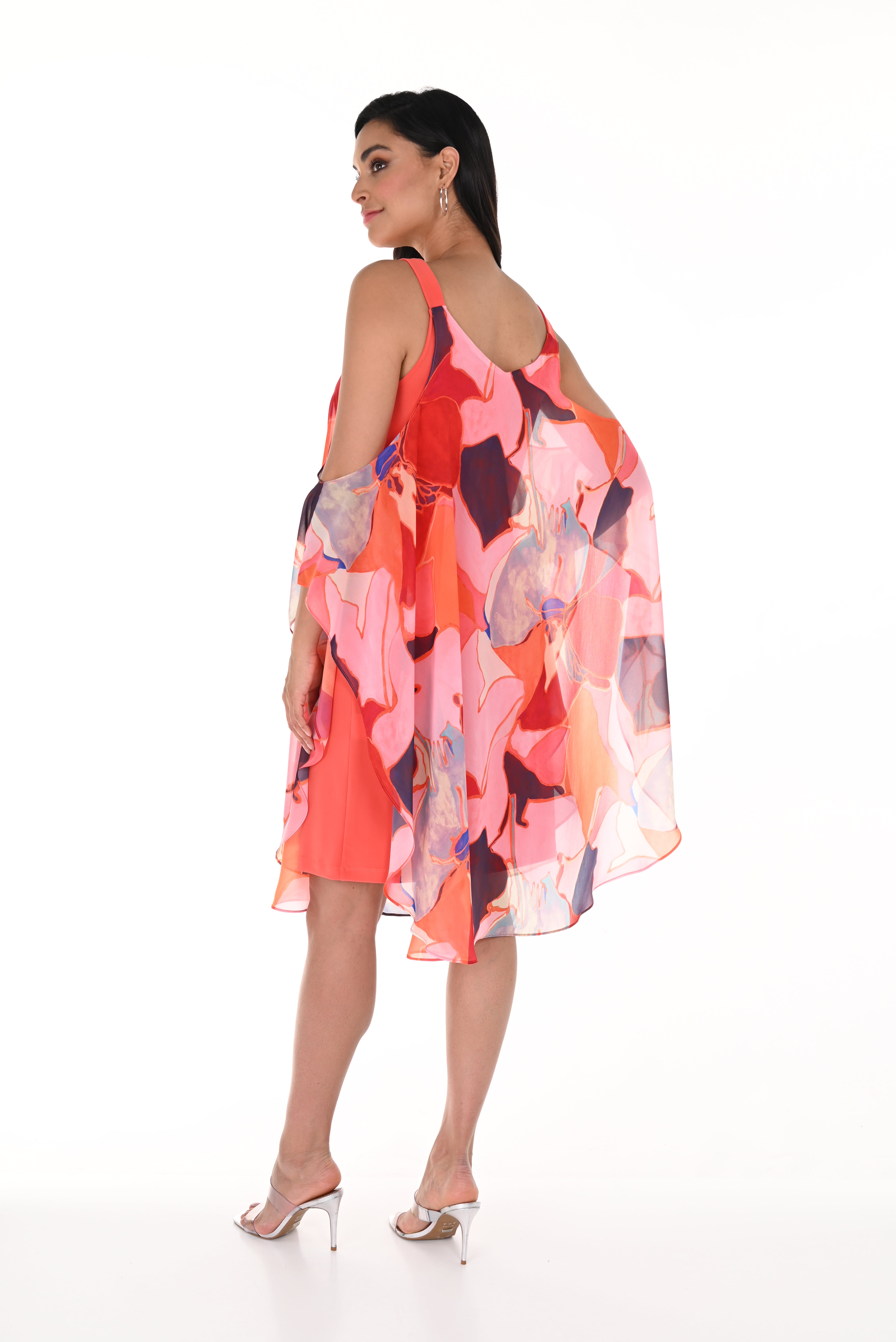 Sleeveless Printed Chiffon Overlay Woven Dress
