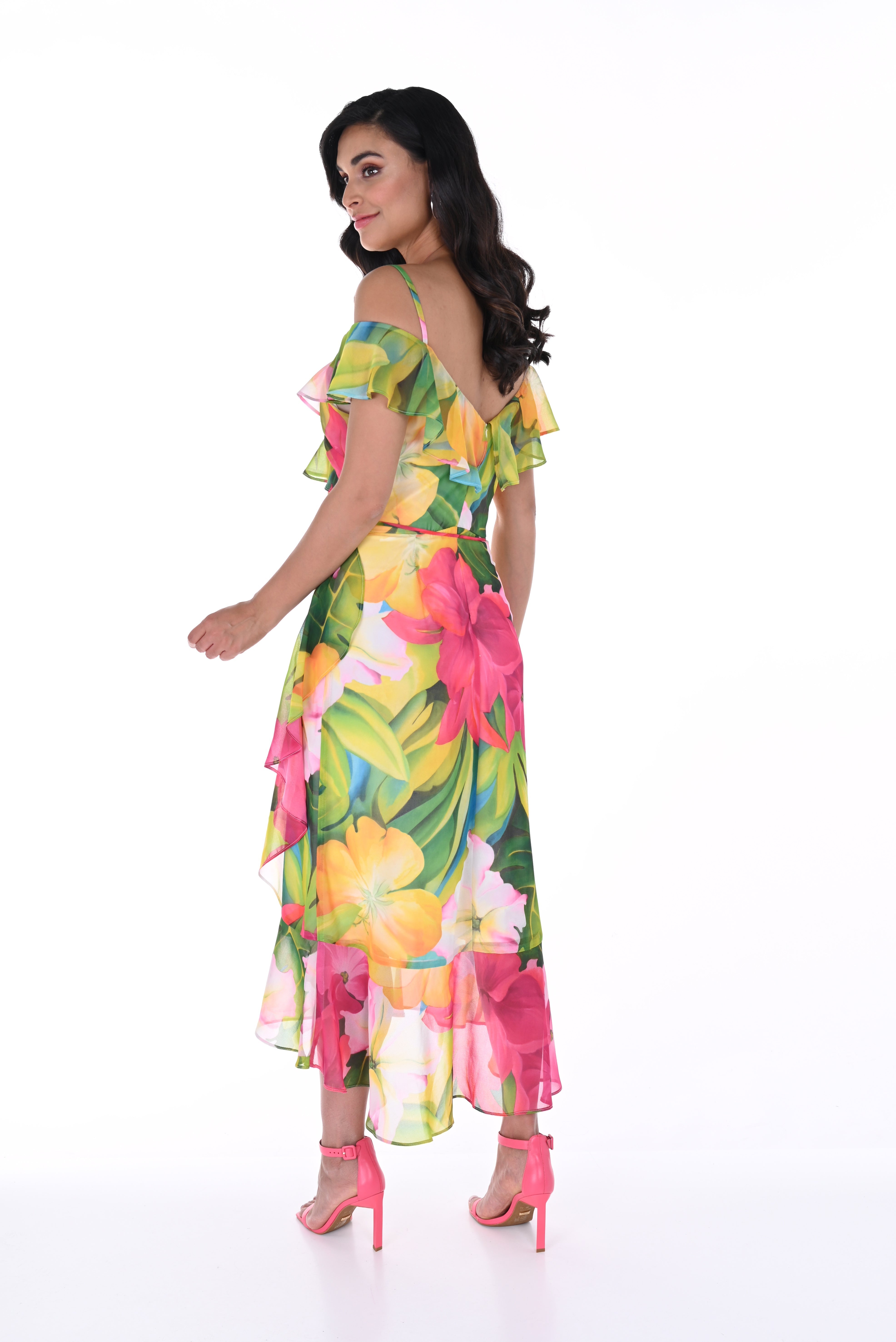 Back view of Frank Lyman (246484) Women's Off The Shoulder Midi Length Ruffle Hem Floral Dress in Pink and Yellow Floral Print 