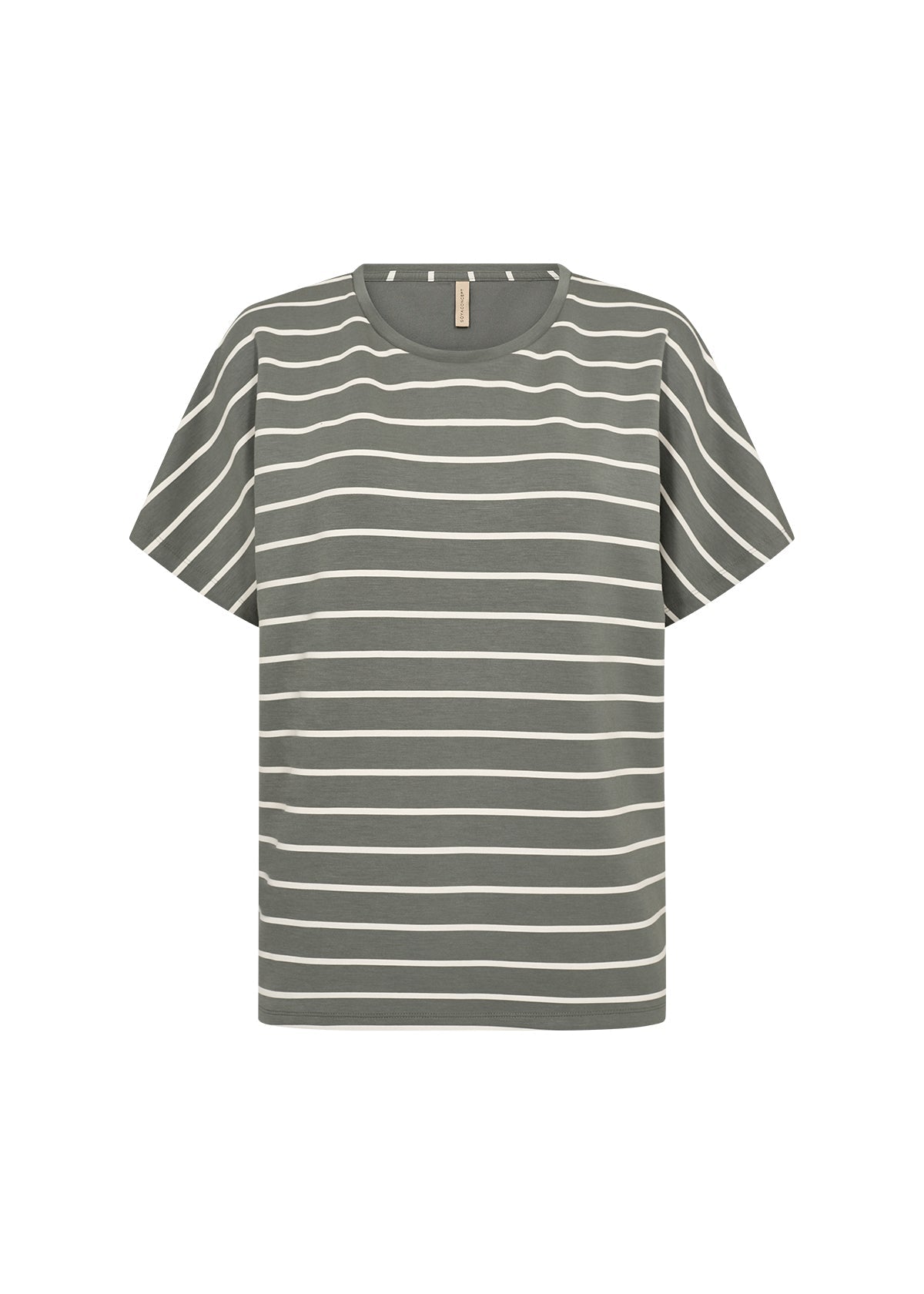 Soya Concept (26540) Women's Short Raglan Sleeve Stripes T-Shirt in Misty Green/Grey with White Stripes