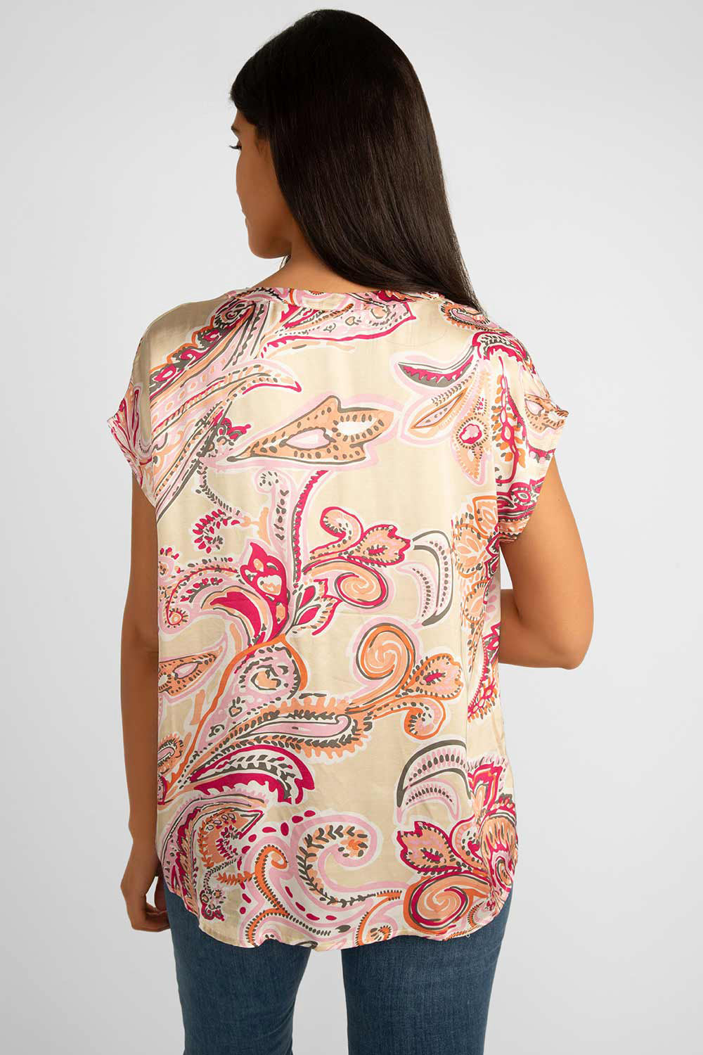 Back view of Soya Concept (40543) Women's Pink Paisley Short Cap Sleeve Satin Blouse with Split V-Neck