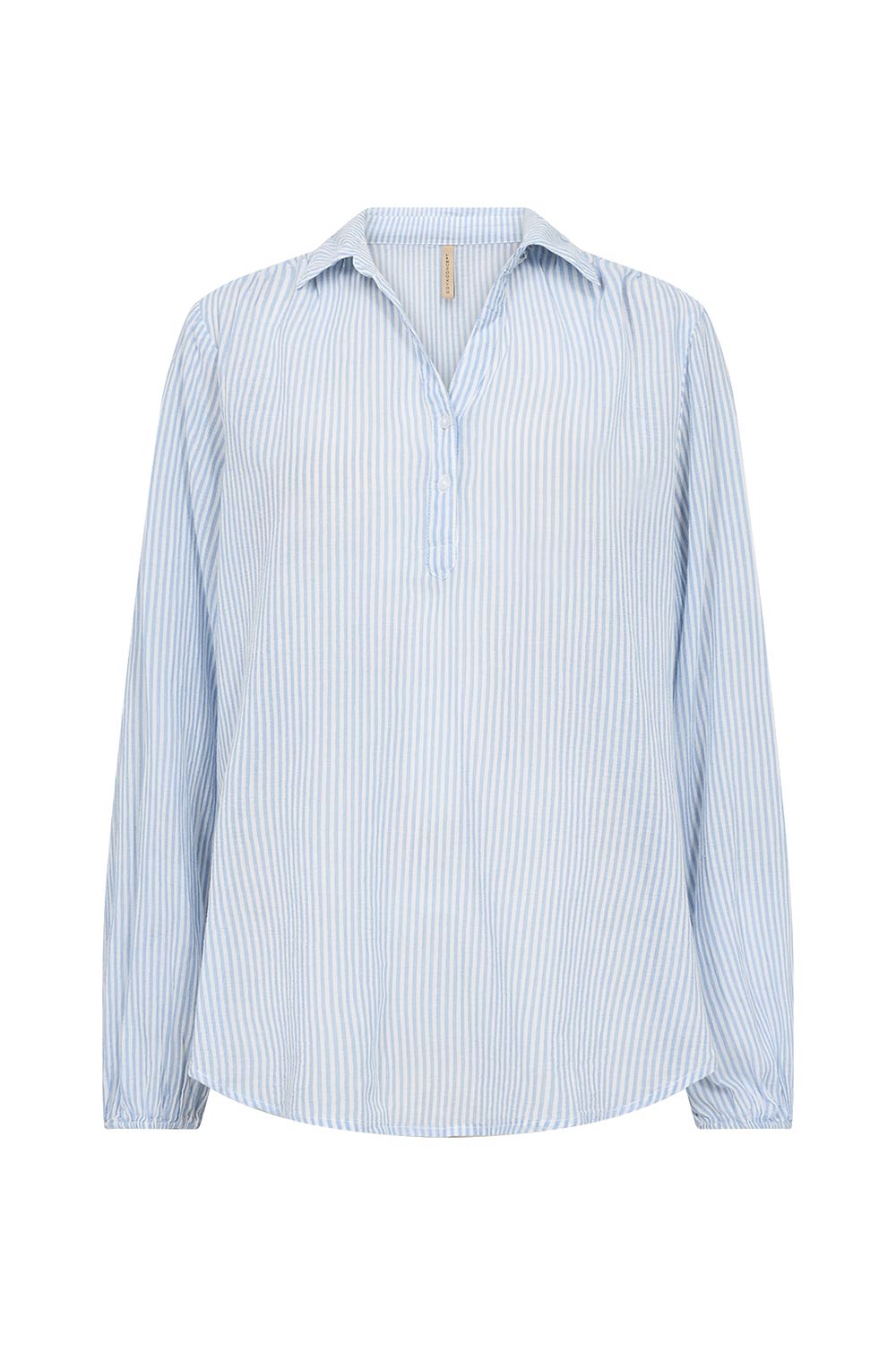 Soya Concept (40523) Women's Long Puff Sleeve Split V Shirt in Light Blue & White Vertical Stripe Print
