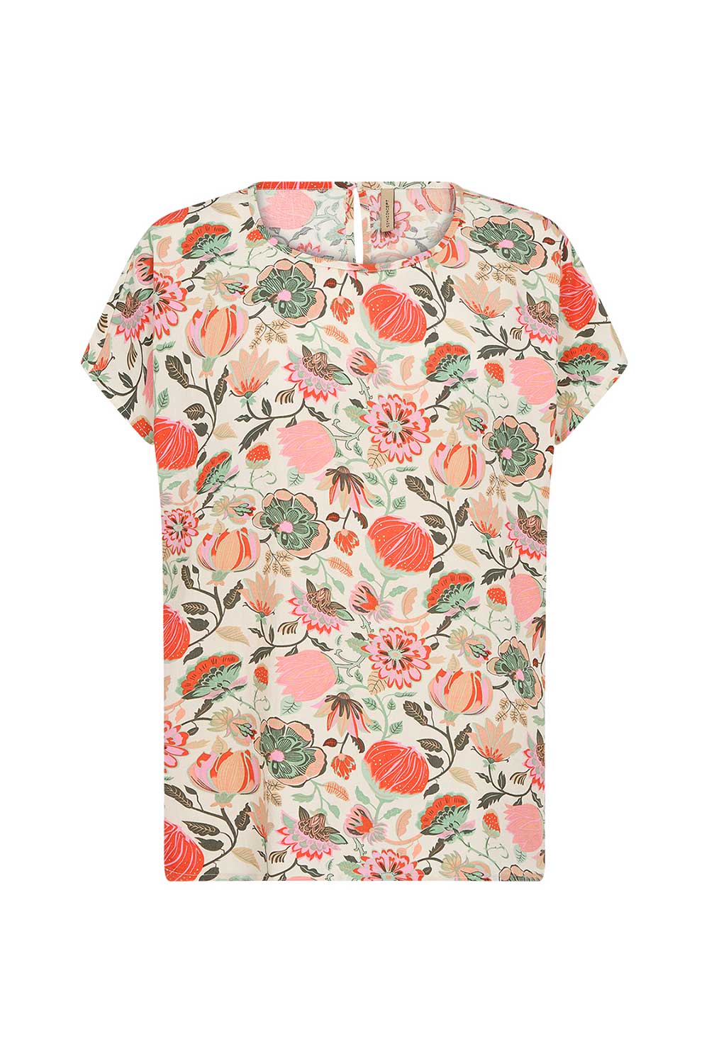 Soya Concept (40579) Women's Short Sleeve Graphic Floral Blouse in a Peach Floral Print With PInk & Green Hues over a Cream Background 