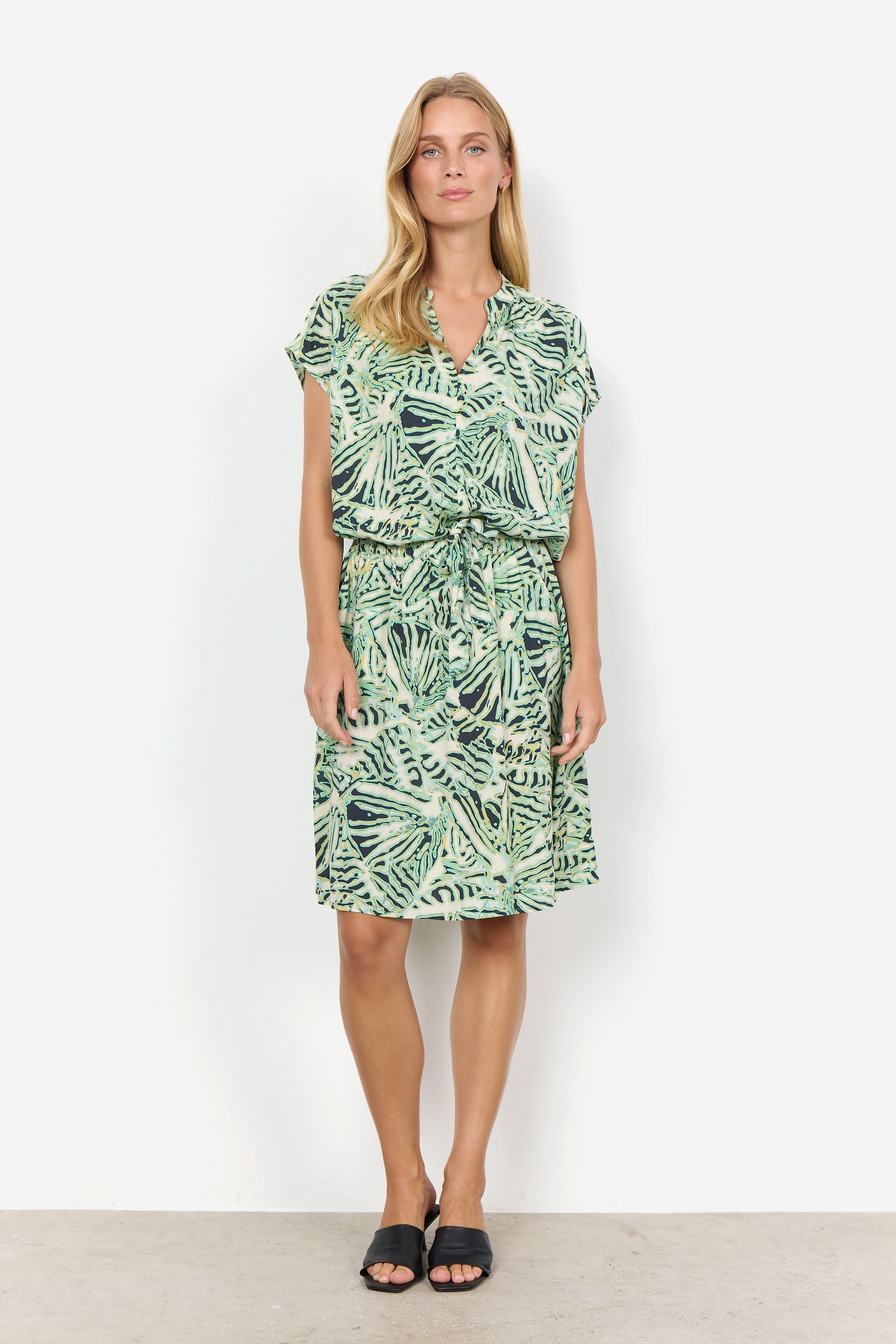 Soya Concept (40627) Women's Short Sleeve Aqua Foliage Print Blouse with split V-neck