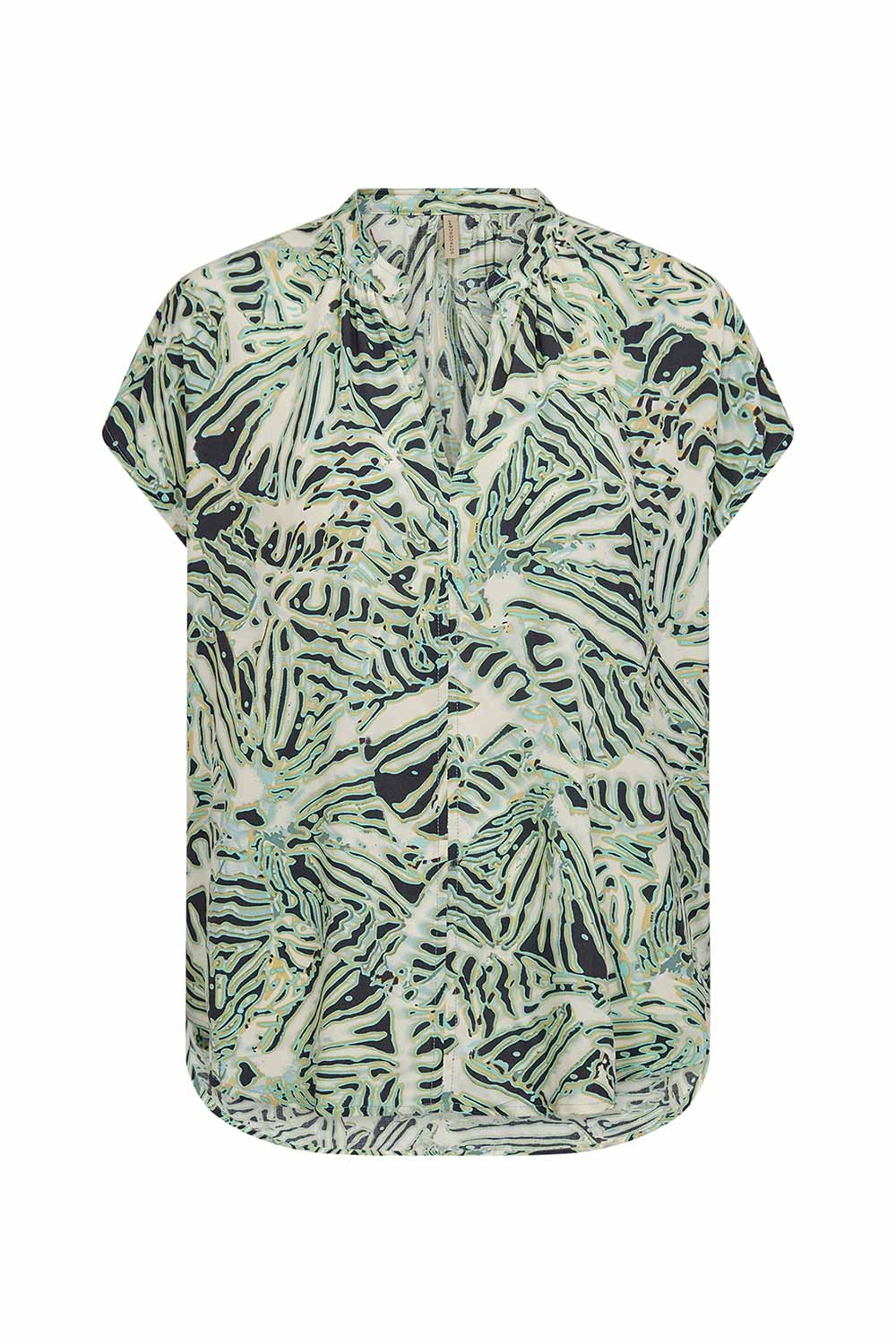 Soya Concept (40627) Women's Short Sleeve Aqua Foliage Print Blouse with split V-neck