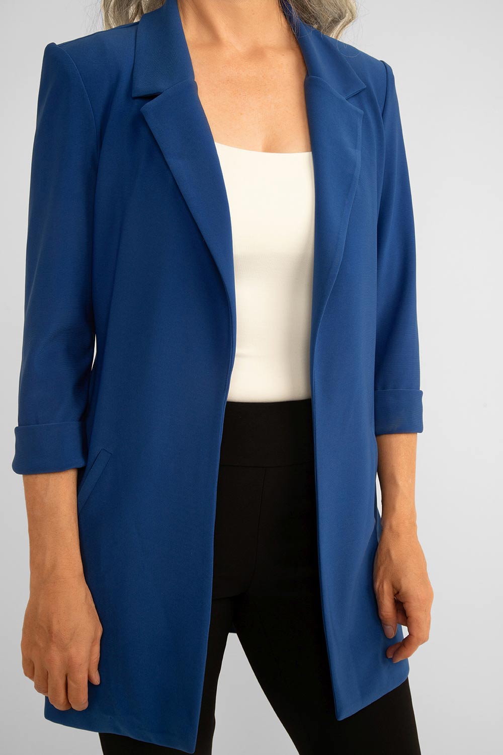 Front close up of Frank Lyman (236005) Women's 3/4 Sleeve, Open Front Long Blazer in Royal Blue