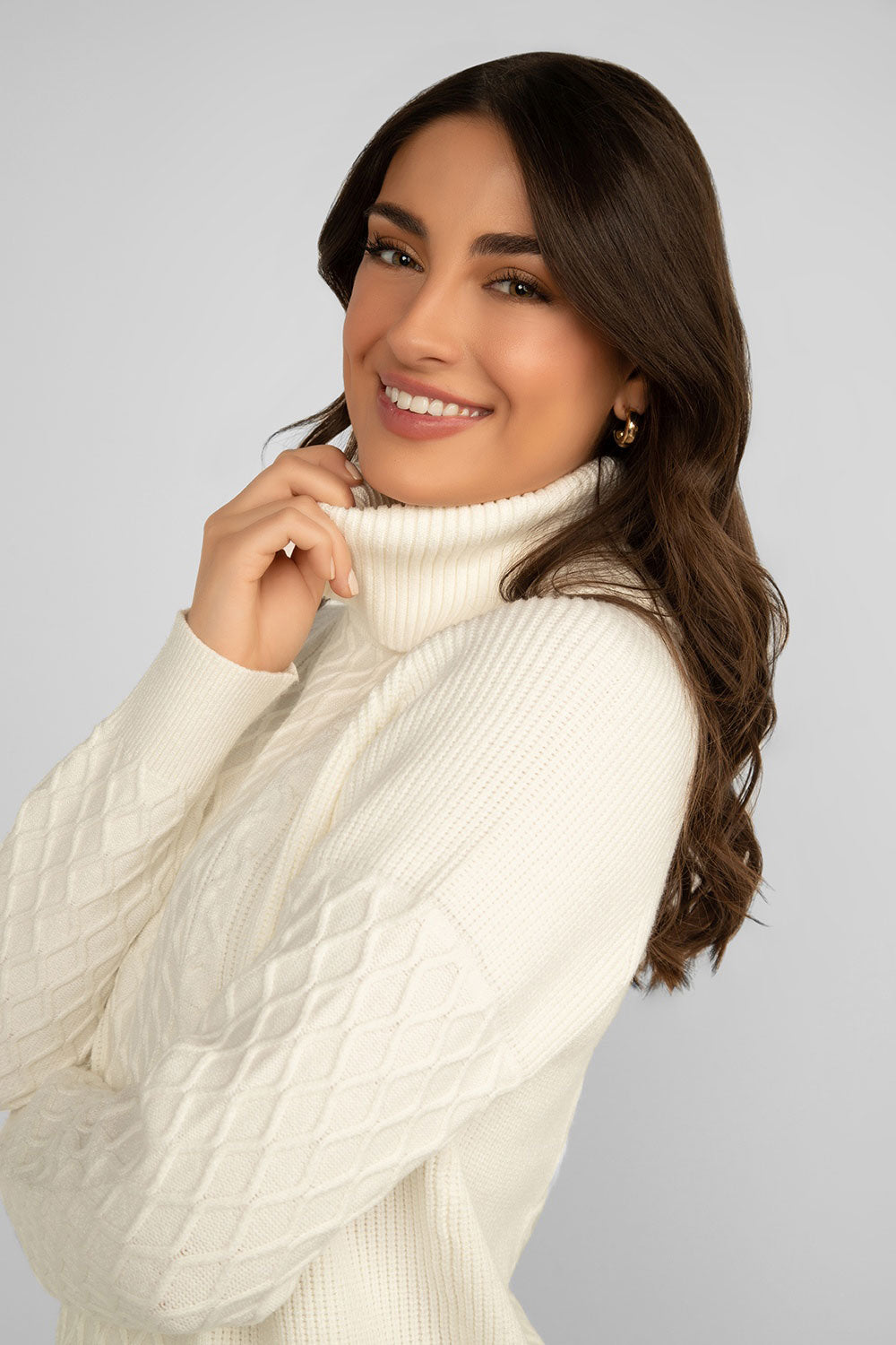 Women's Clothing ALISON SHERI (A42066) Cable Knit Turtleneck Sweater in OFFWHITE