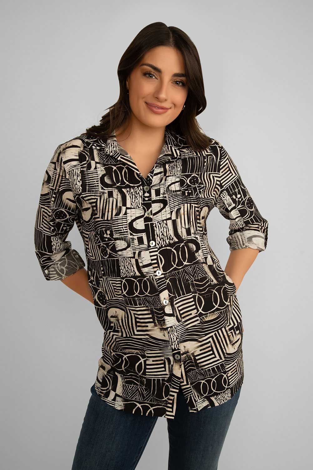 Women's Clothing ALISON SHERI (A42085) Black & White Print Pintuck Blouse in BLACK