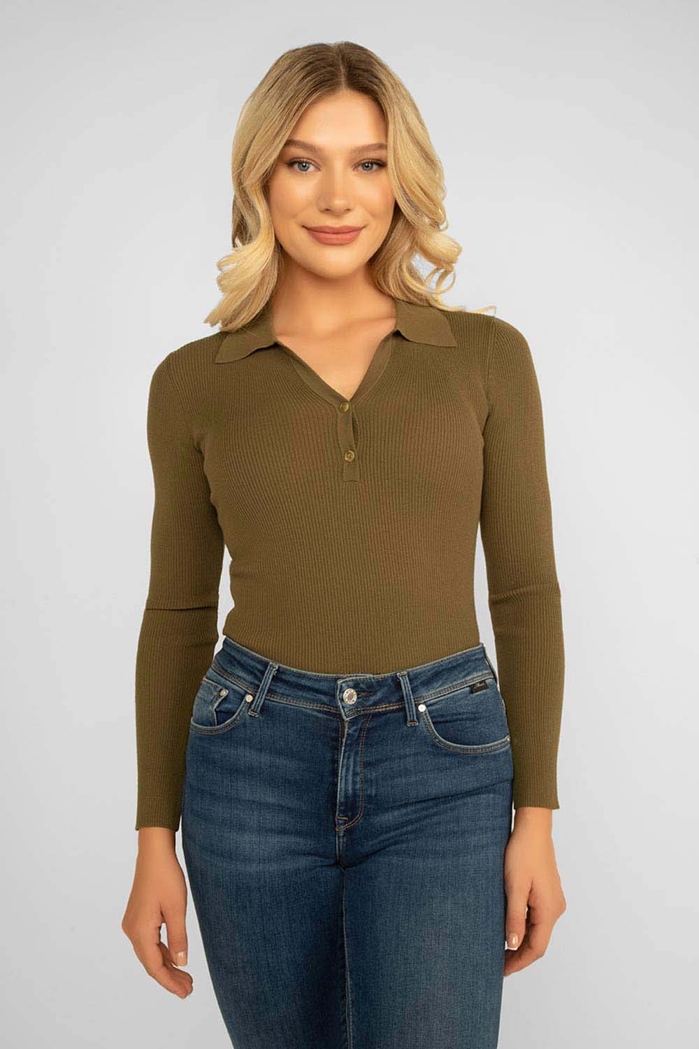 Women's Clothing ESQUALO (F2307542) Ribbed Polo Style Sweater in ARMYGREEN