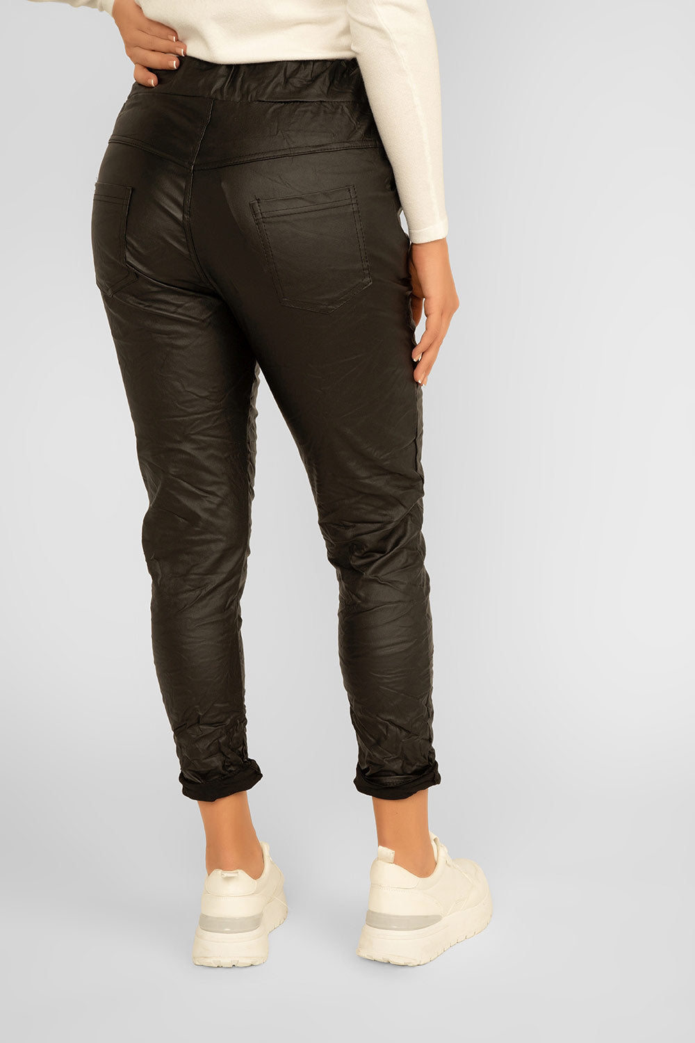 Women's Clothing ELISSIA (NF10930-2) Coated Pull-On Crinkled Pants in BLACK