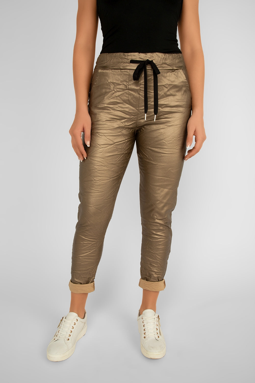 Women's Clothing ELISSIA (NF10930-2) Coated Pull-On Crinkled Pants in GOLD