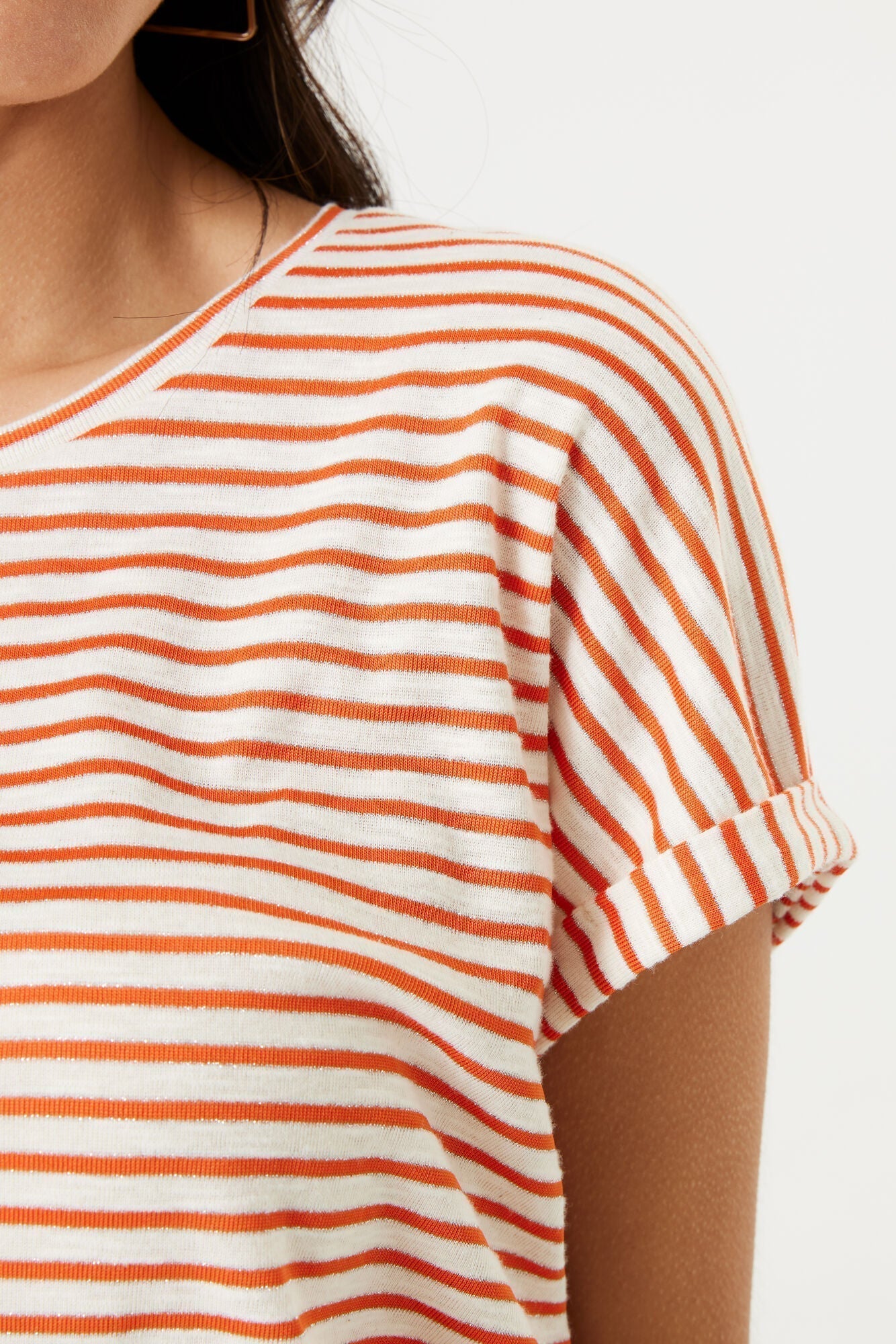 Print close up of Garcia (P40205) Women's Short Dolman Sleeve Striped T-Shirt With Subtle Silver Metallic Stripes