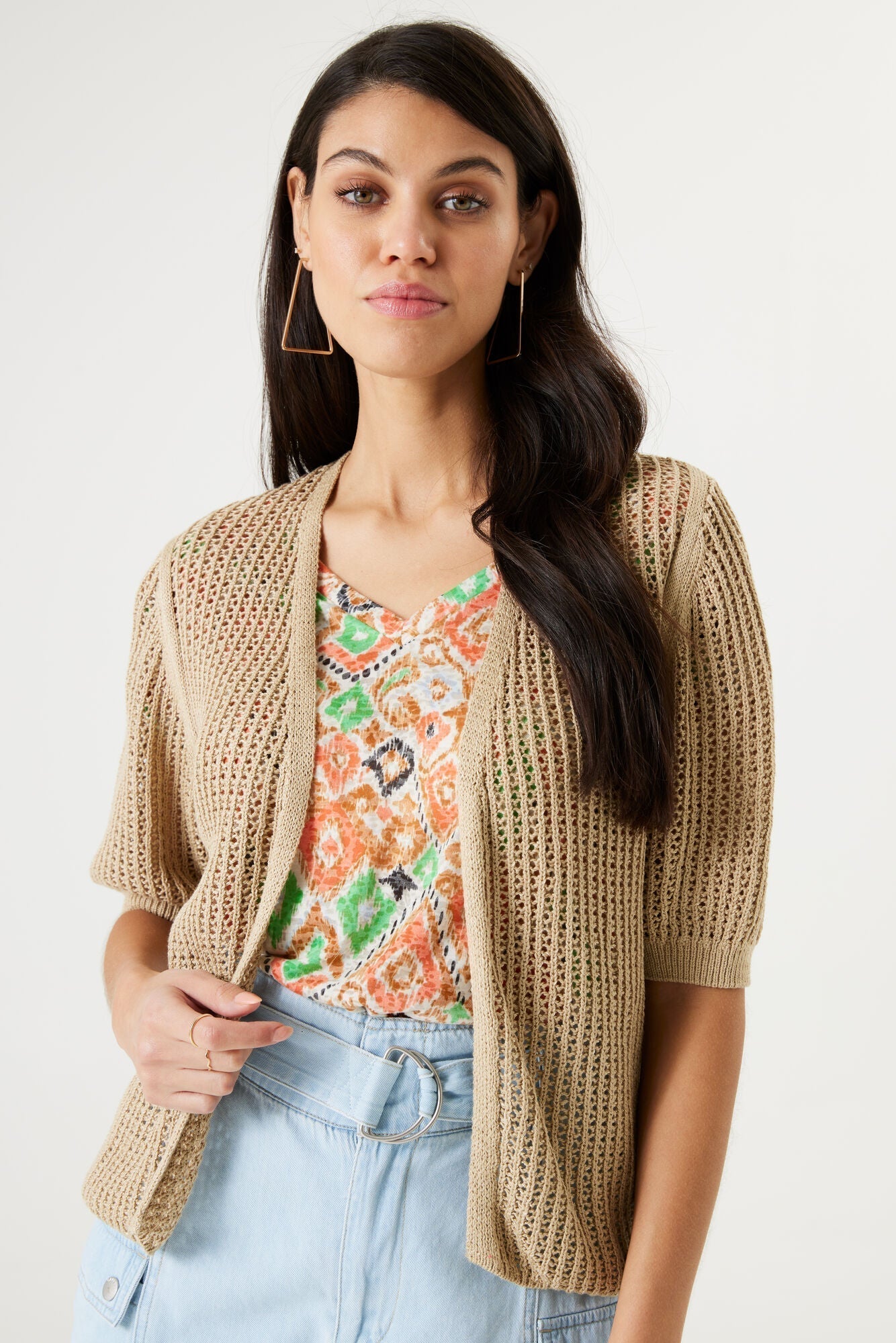 Garcia (P40242) Women's Elbow Sleeve Open Knit Cardigan, with Open Front in Safari Brown