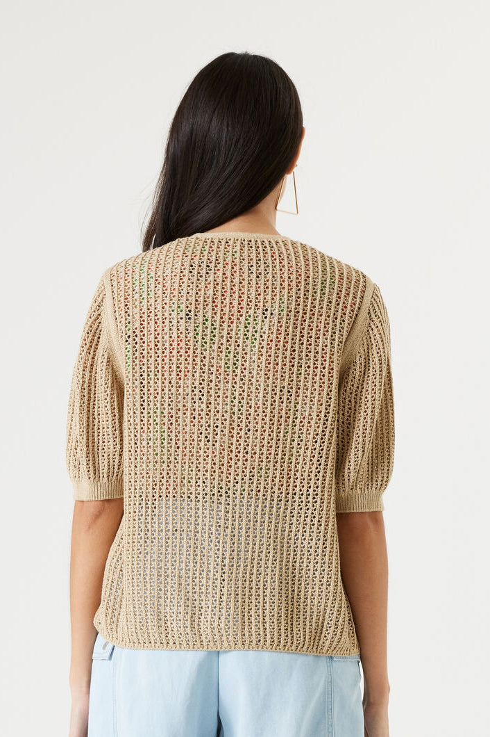 Back view of Garcia (P40242) Women's Elbow Sleeve Open Knit Cardigan, with Open Front in Safari Brown