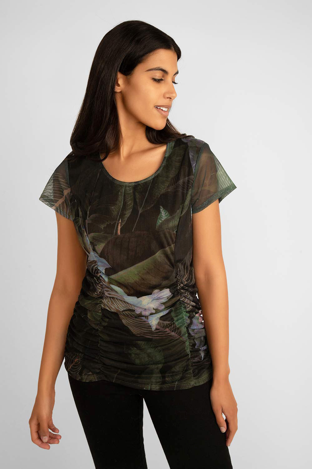 Front view of Picadily (JN708AK) Women's Short Sleeve Ruched Mesh Top in a Dark Green Floral Print