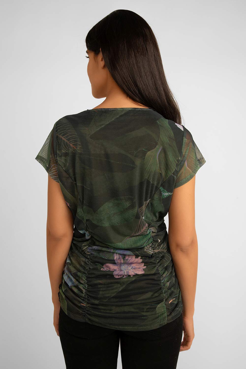 Back view of Picadily (JN708AK) Women's Short Sleeve Ruched Mesh Top in a Dark Green Floral Print