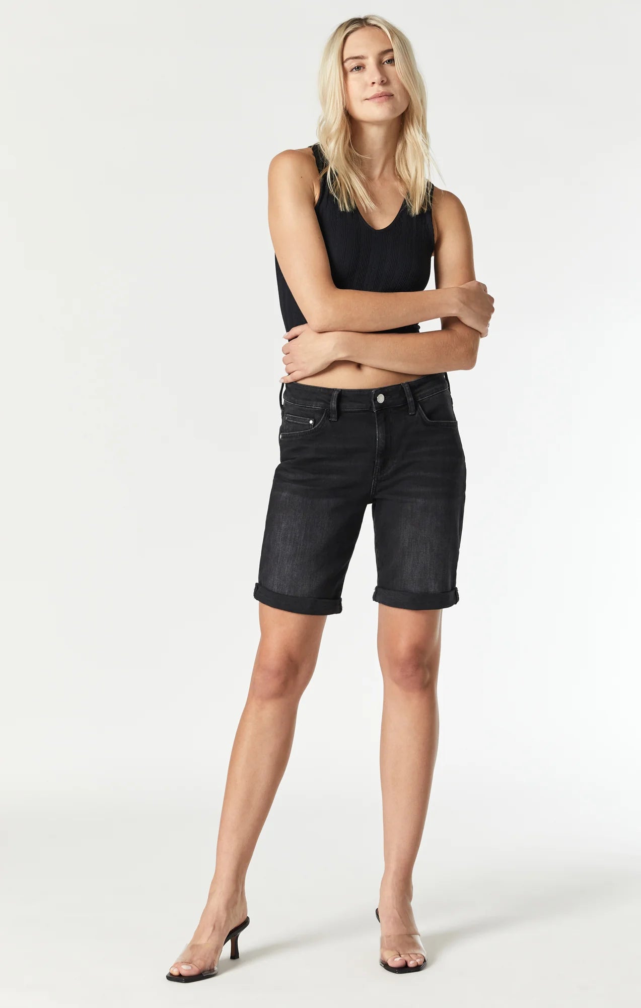 Front view of Mavi Jeans (M1441580904) Women's Alexi Bermuda Shorts in Smoke Vintage Black wash