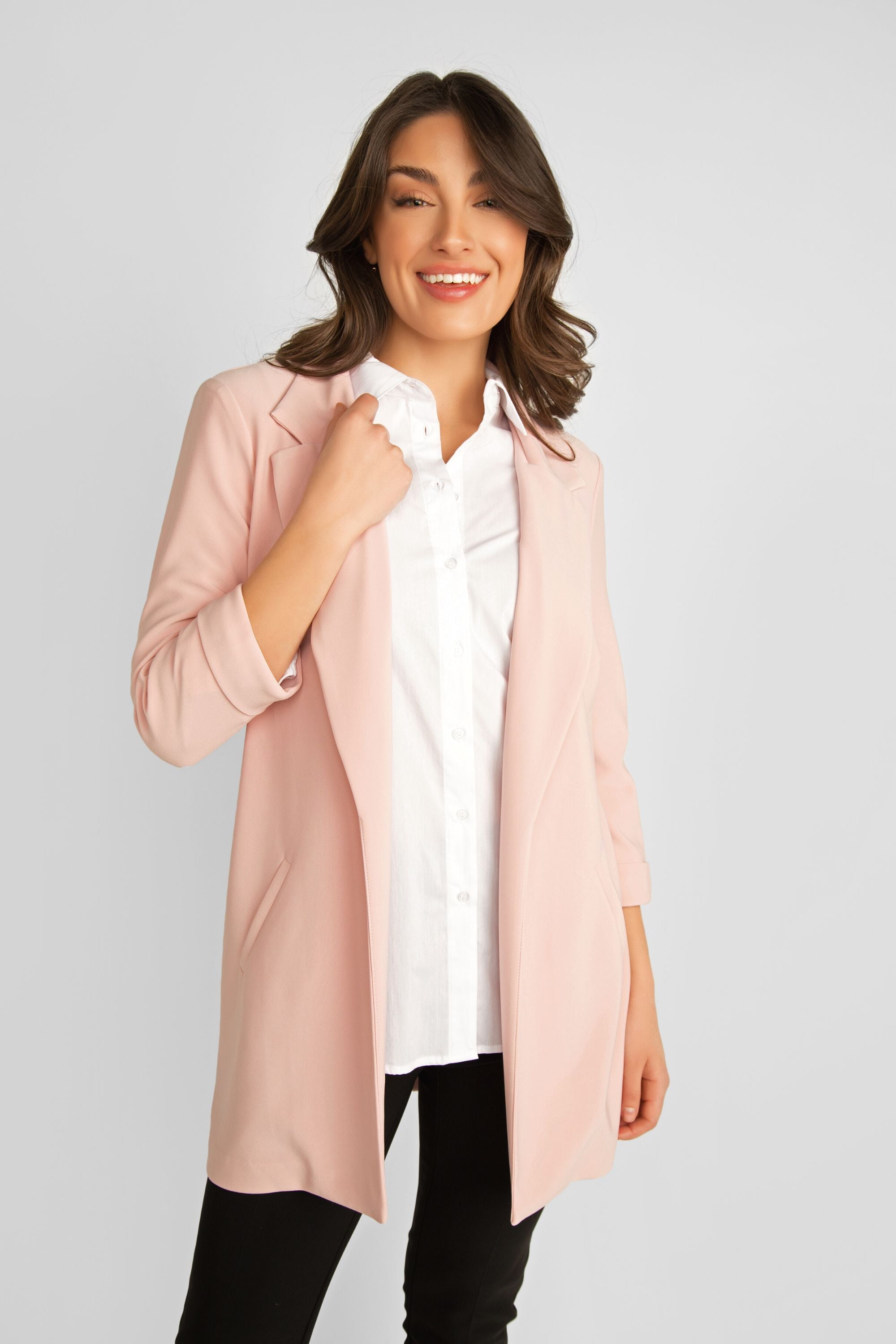 Frank Lyman (236005) Women's 3/4 Sleeve, Open Front Long Blazer in Rosebud - light pink