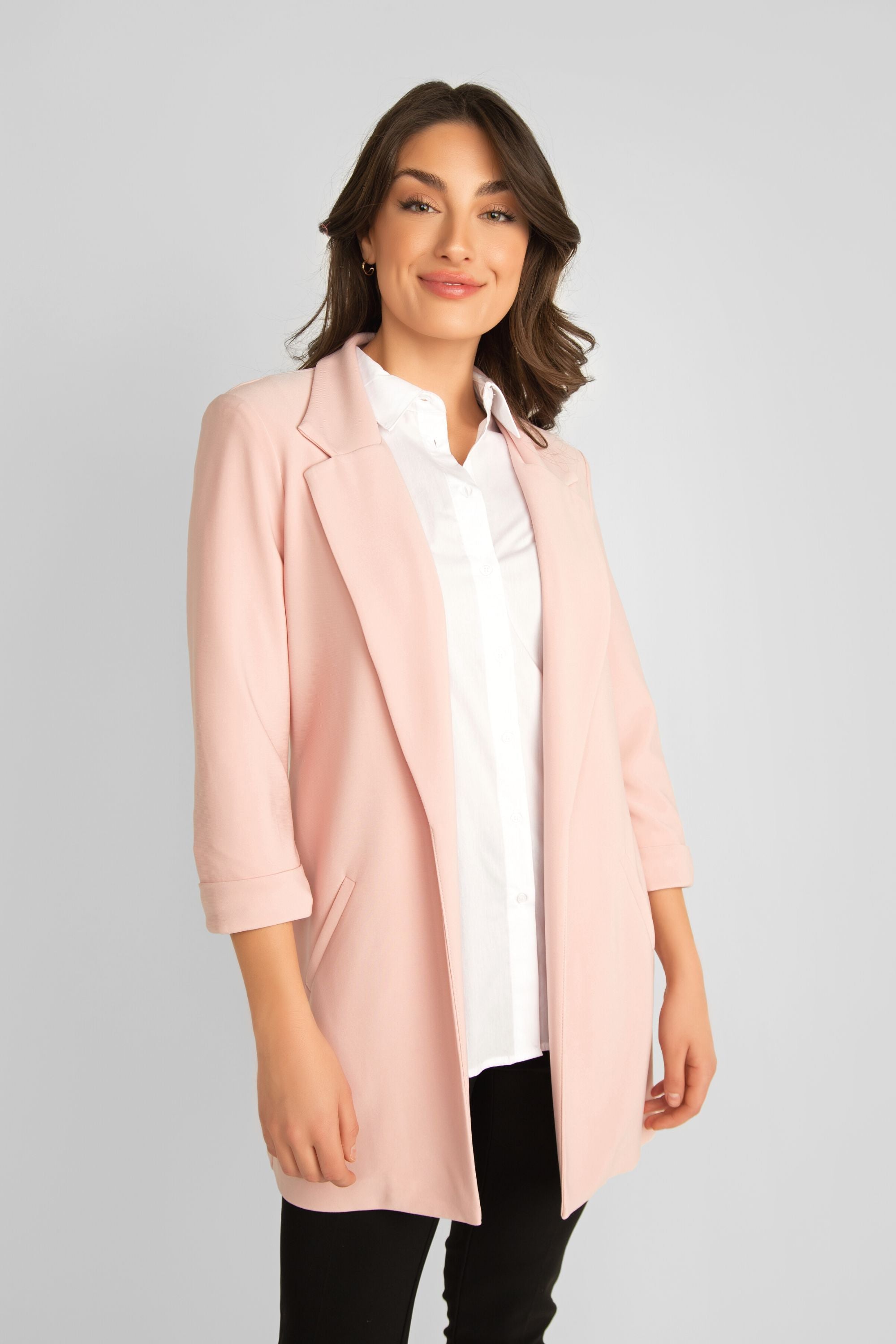 Front view of Frank Lyman (236005) Women's 3/4 Sleeve, Open Front Long Blazer in Rosebud - Light pink