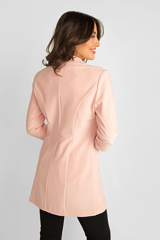Back view of Frank Lyman (236005) Women's 3/4 Sleeve, Open Front Long Blazer in Rosebud Light Pink