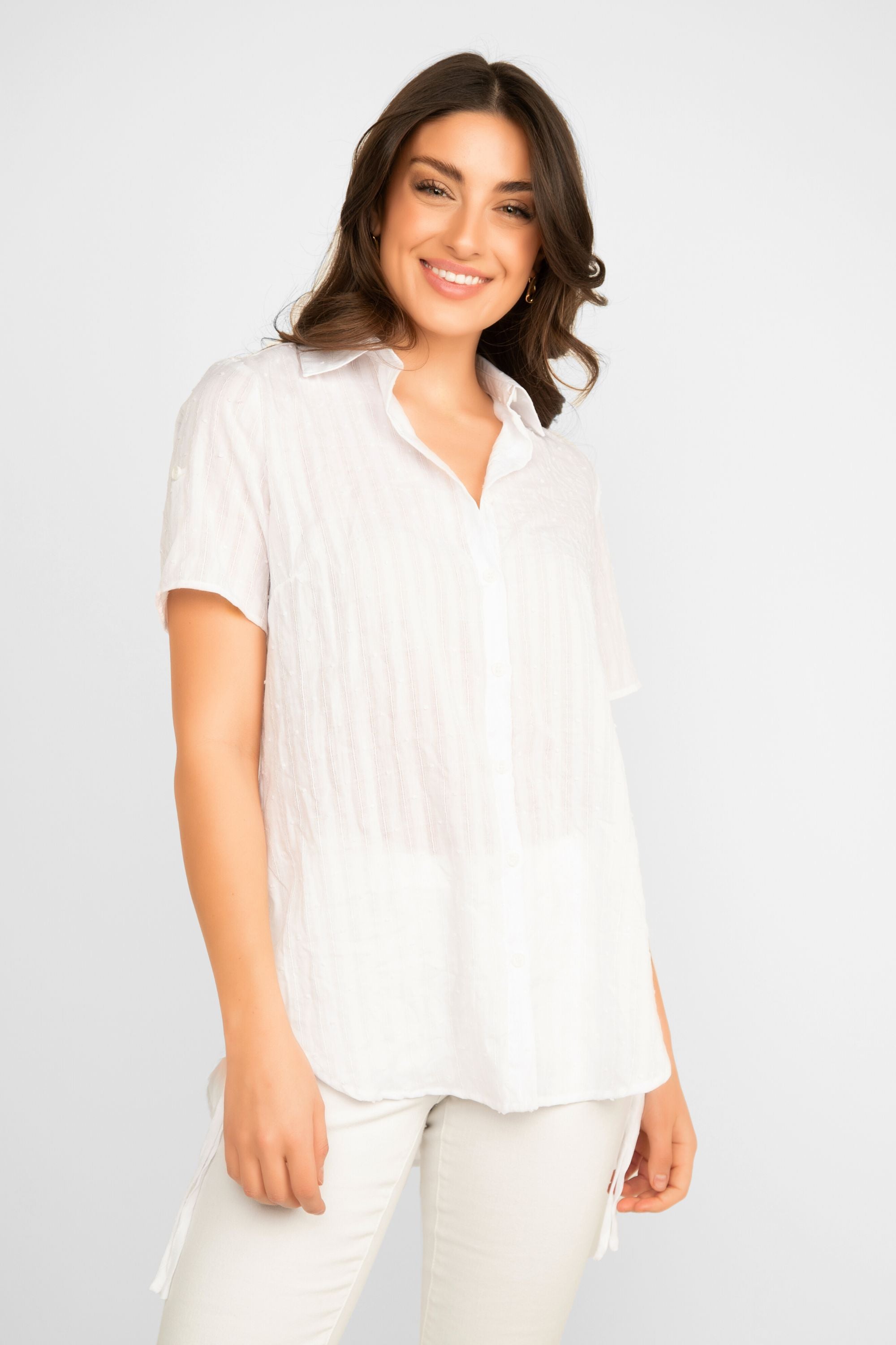 Women's Clothing ALISON SHERI (A41018) Short Sleeve Button Front Shirt in WHITE