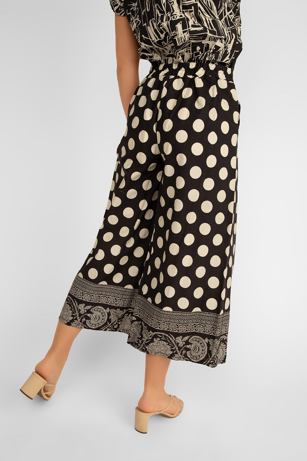 Back view of Julietta (10-H2117-C12-DOT) Women's Wide Leg Cropped Polka Dot Pleated Culottes in Black & White Polka Dot Print