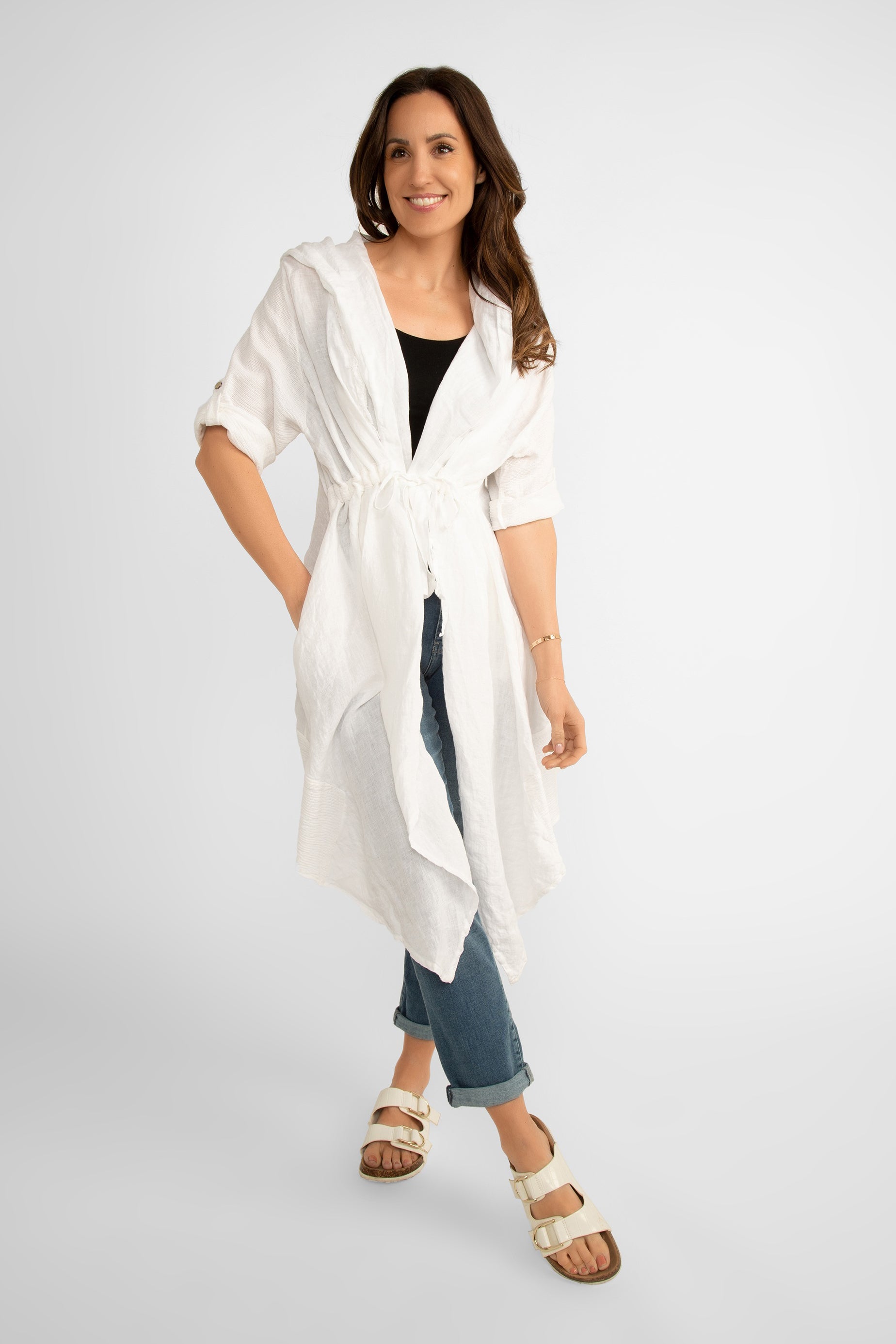Me & Gee Women's Hooded Summer Cover-Up With Short Roll Tab Sleeves in White