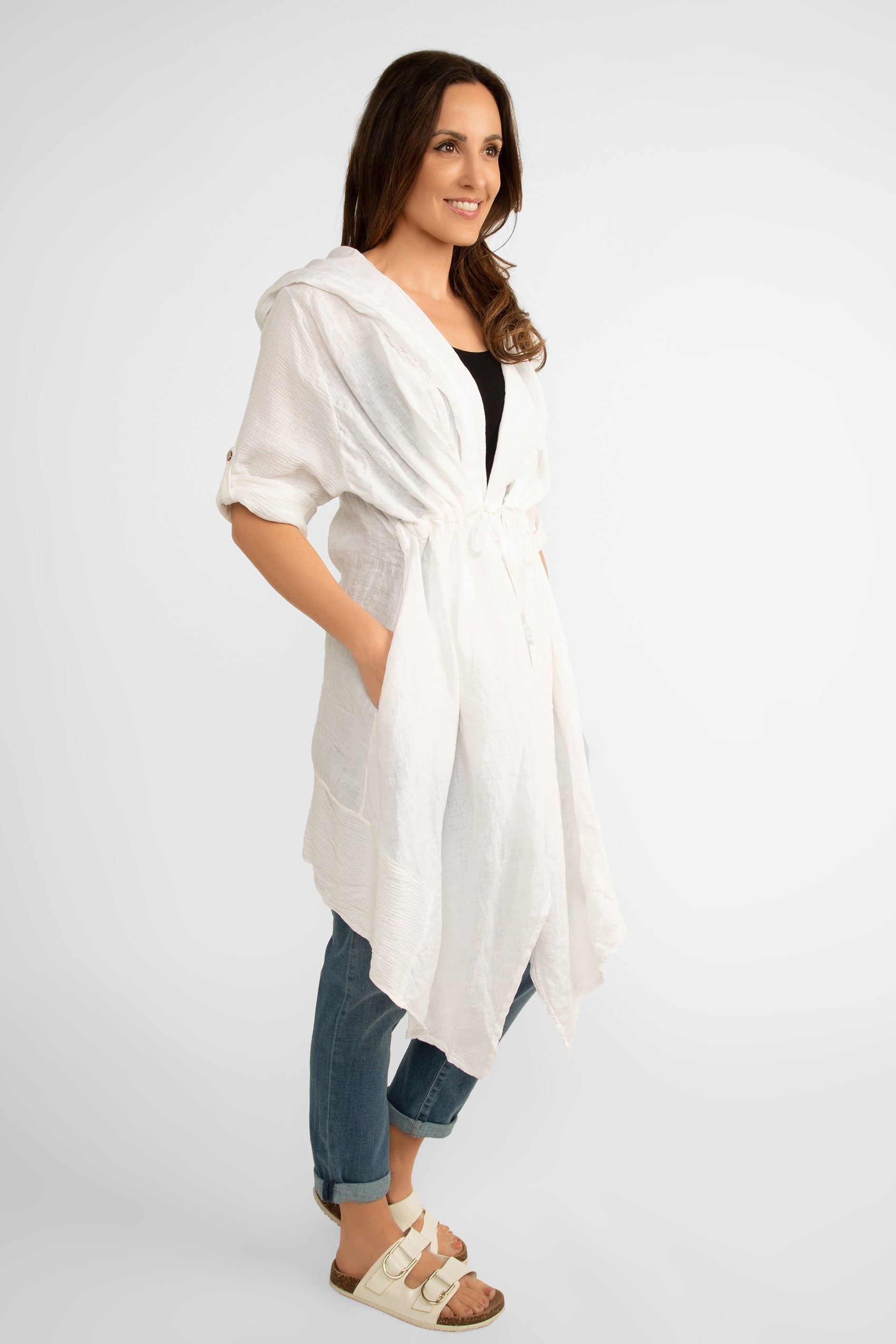 Side view of Me & Gee Women's Hooded Summer Cover-Up With Short Roll Tab Sleeves in White