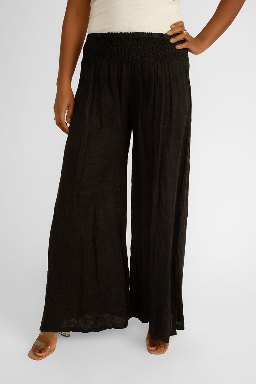Front view of Me & Gee (19-801) Women's Pull-on Wide Leg Smocked Waist Linen Pants in Military Black