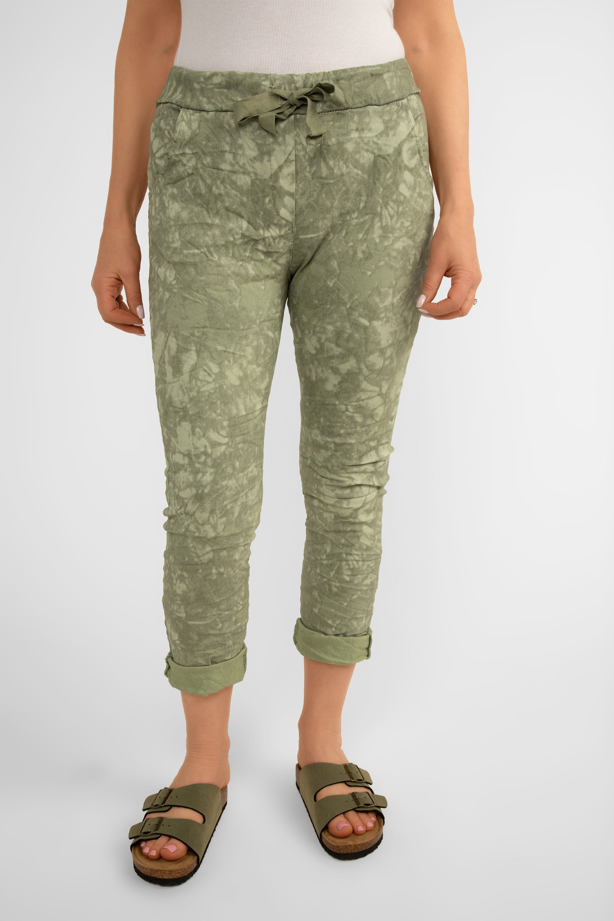 Bella Amore (21287) Women's Slim Fit Cropped Crinkle Pants with Side Pockets and Drawstring Waist, in Military green tie dye print