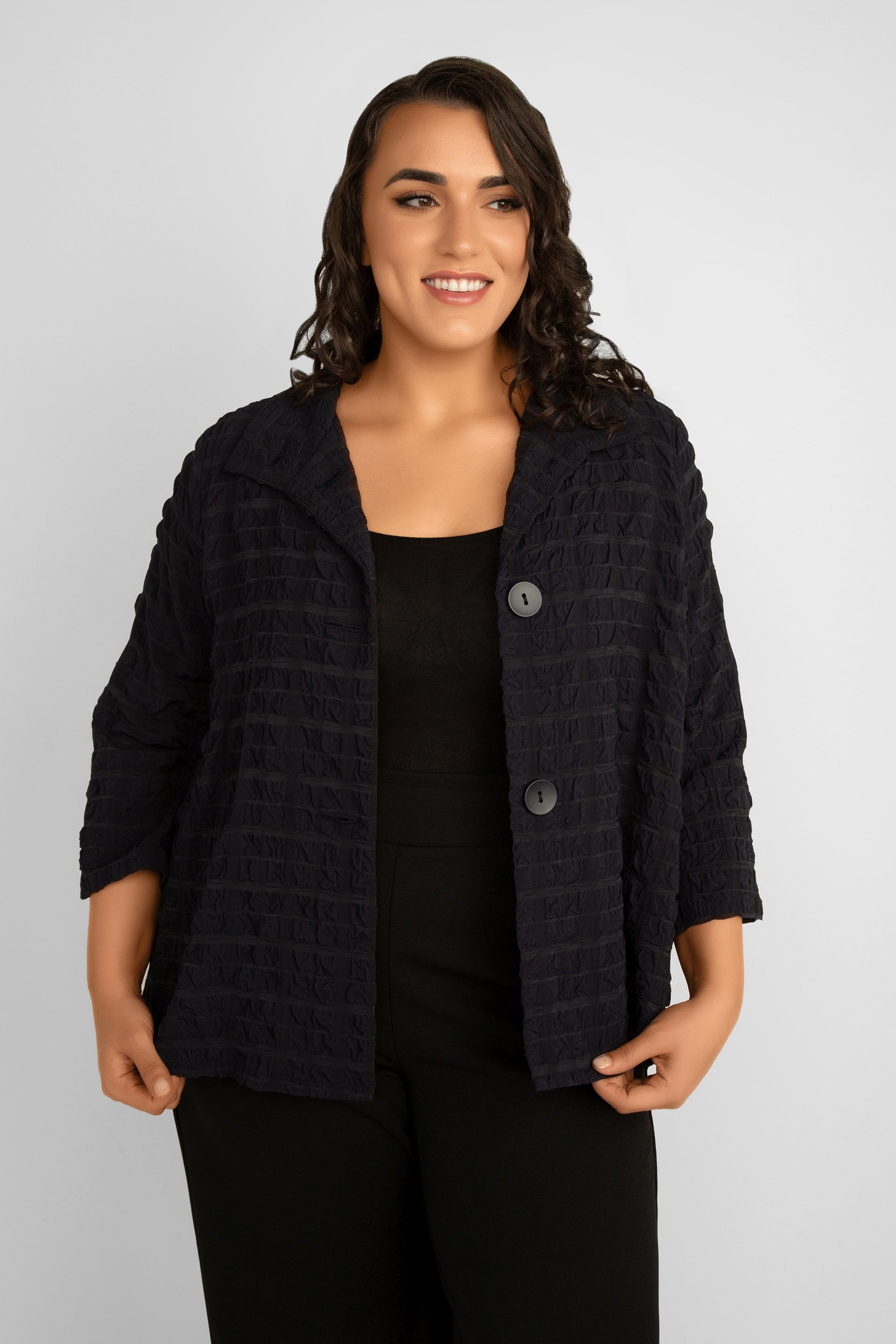 Joseph Ribkoff (241069) Women's 3/4 Sleeve Textured Woven Office Jacket with Stand Collar & Button Front in Navy