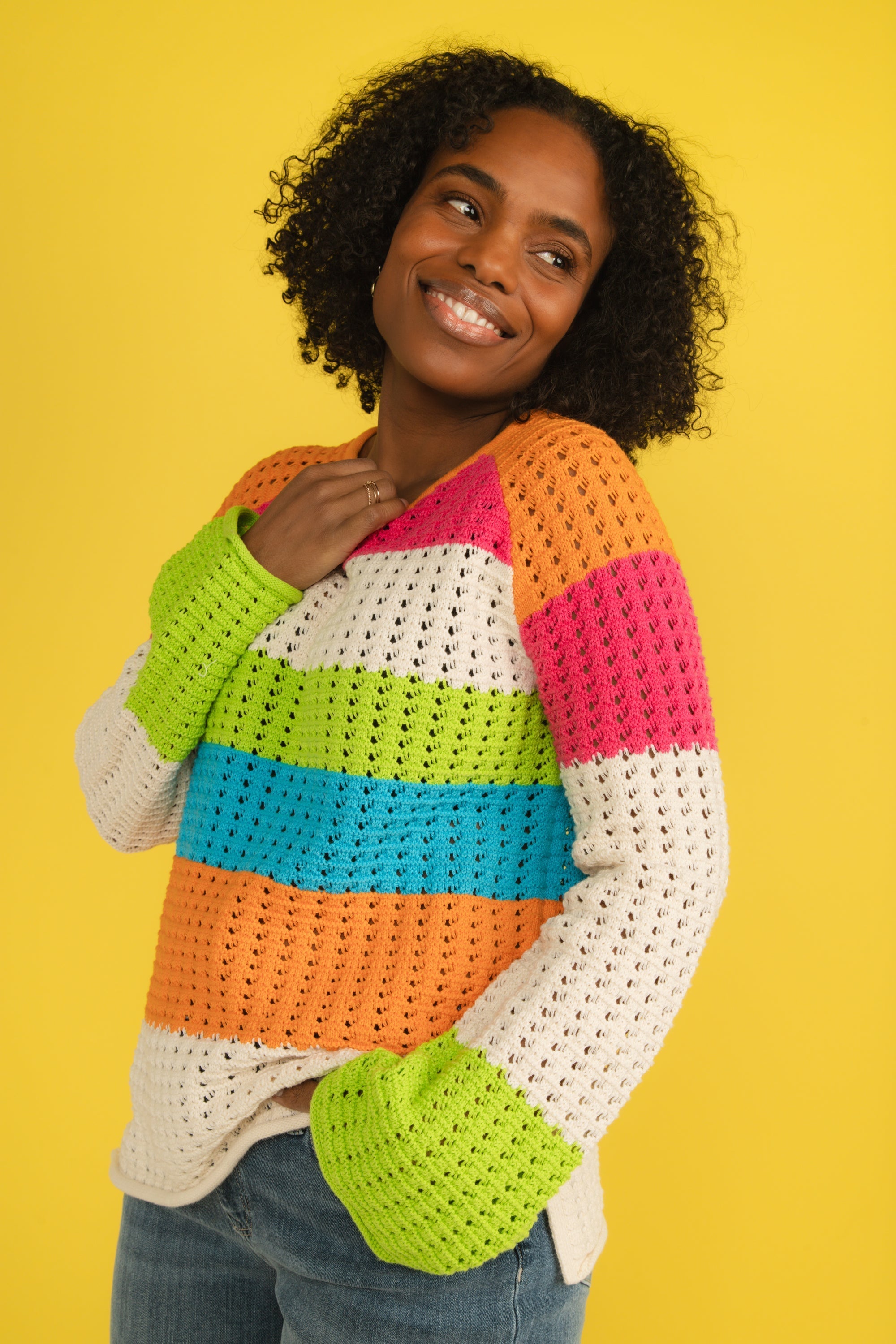 Funsport (241641) Women's Long Sleeve Bright Multi-Colour Stripe Open Stitch  Cotton Sweater