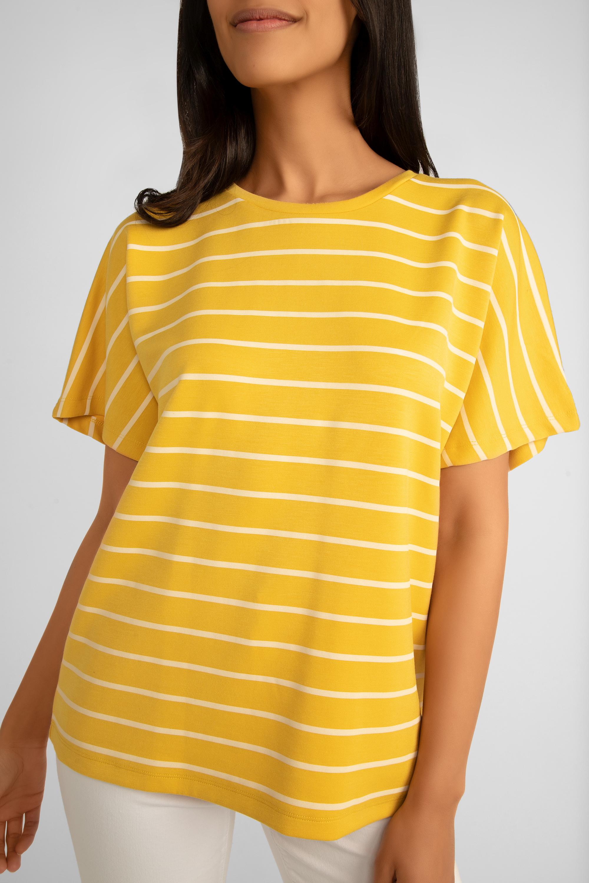 Soya Concept (26540) Women's Short Raglan Sleeve Stripes T-Shirt in Yellow with White Stripes